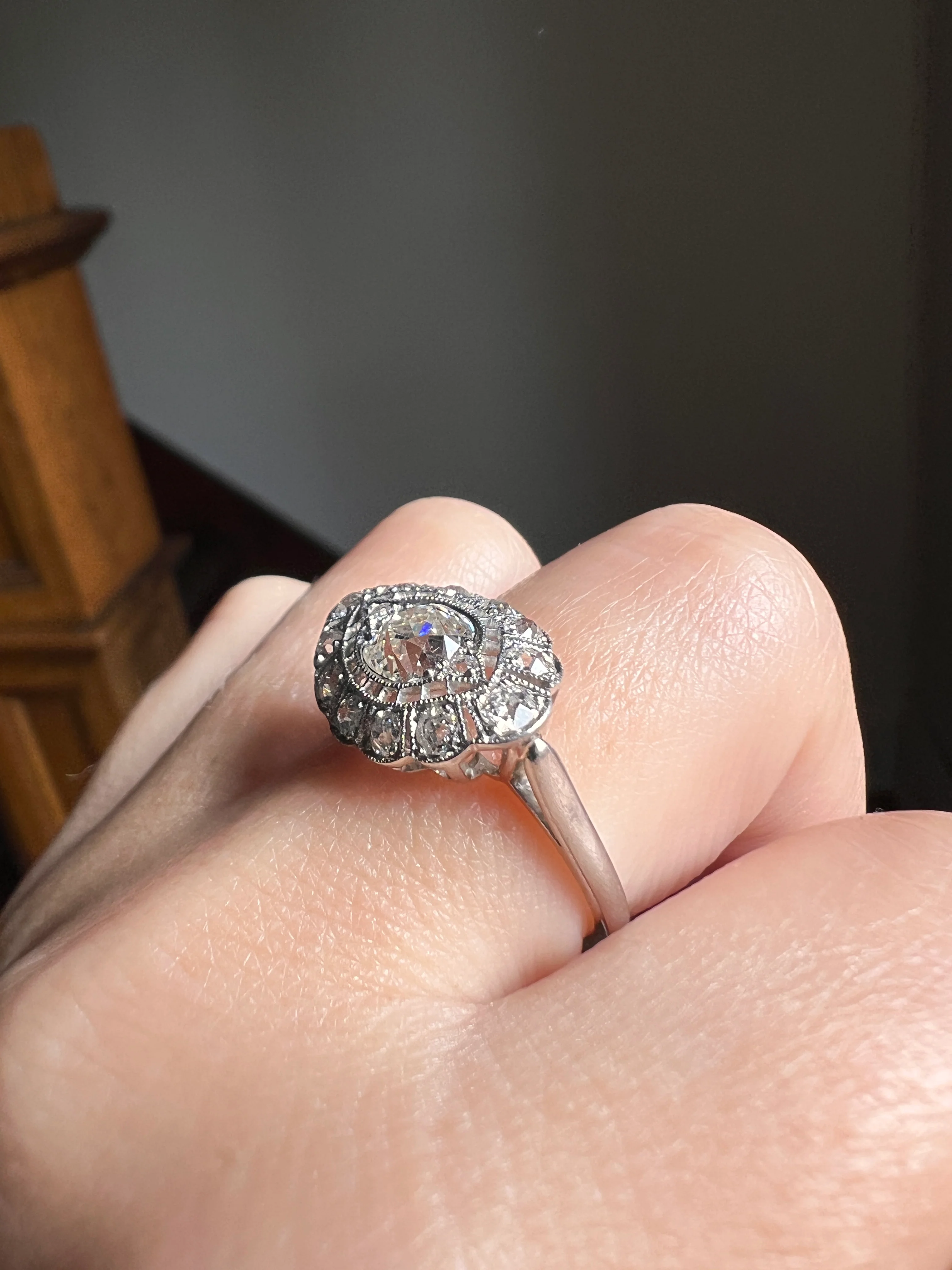 Exceptional Antique EYE CLEAN Old Mine Cut DIAMOND 1.7 Carat East West Platinum Halo Ring Edwardian Cluster - Image 24