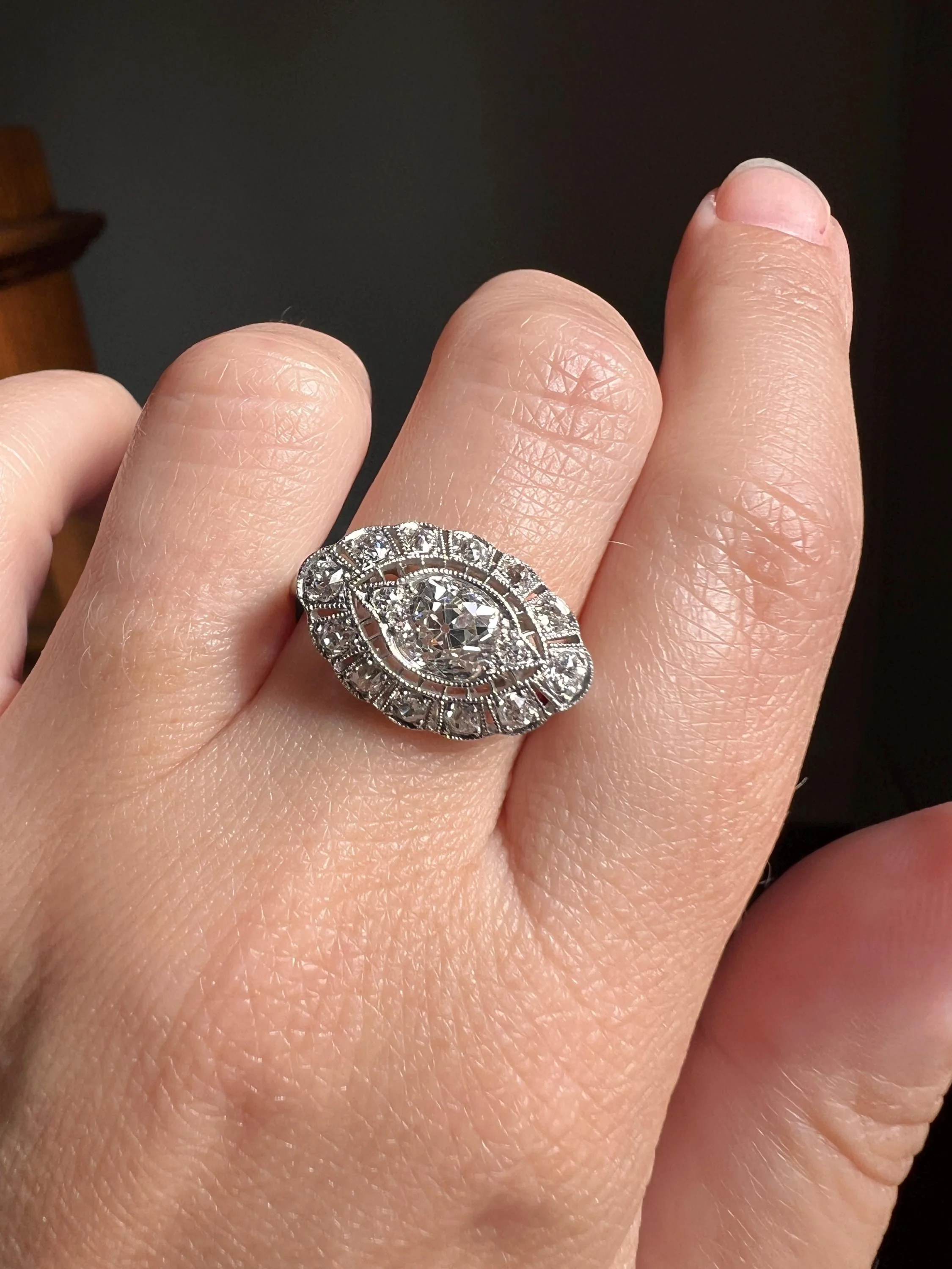 Exceptional Antique EYE CLEAN Old Mine Cut DIAMOND 1.7 Carat East West Platinum Halo Ring Edwardian Cluster - Image 3