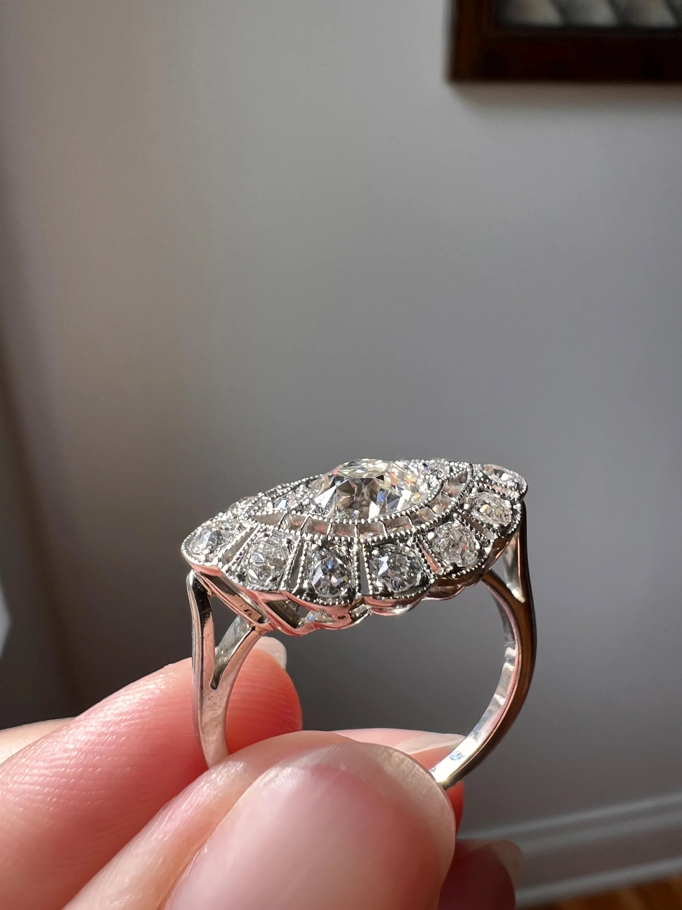 Exceptional Antique EYE CLEAN Old Mine Cut DIAMOND 1.7 Carat East West Platinum Halo Ring Edwardian Cluster - Image 4