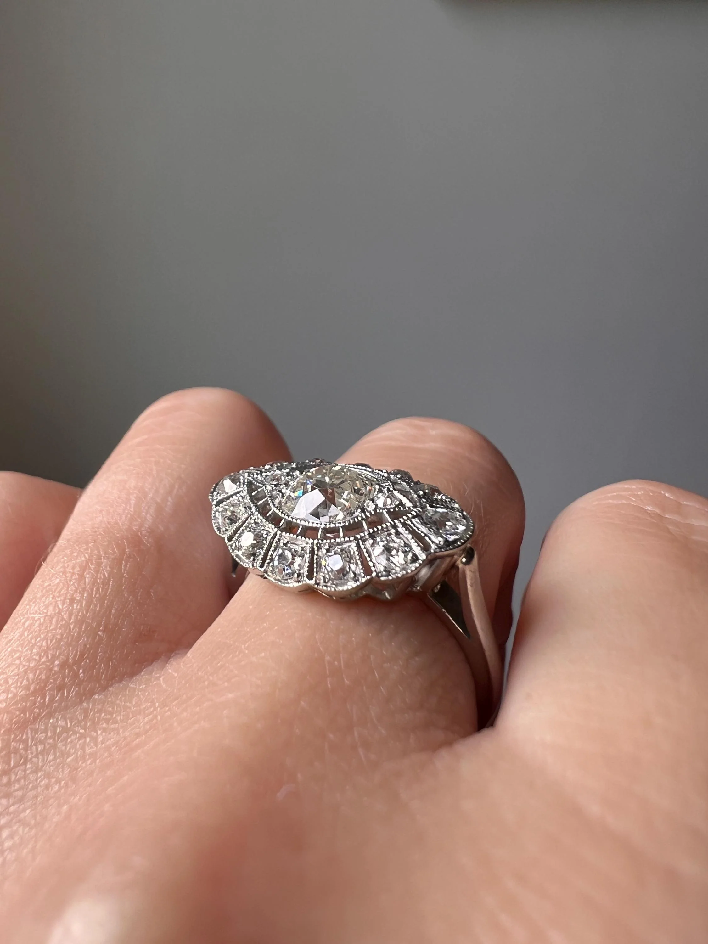 Exceptional Antique EYE CLEAN Old Mine Cut DIAMOND 1.7 Carat East West Platinum Halo Ring Edwardian Cluster - Image 7