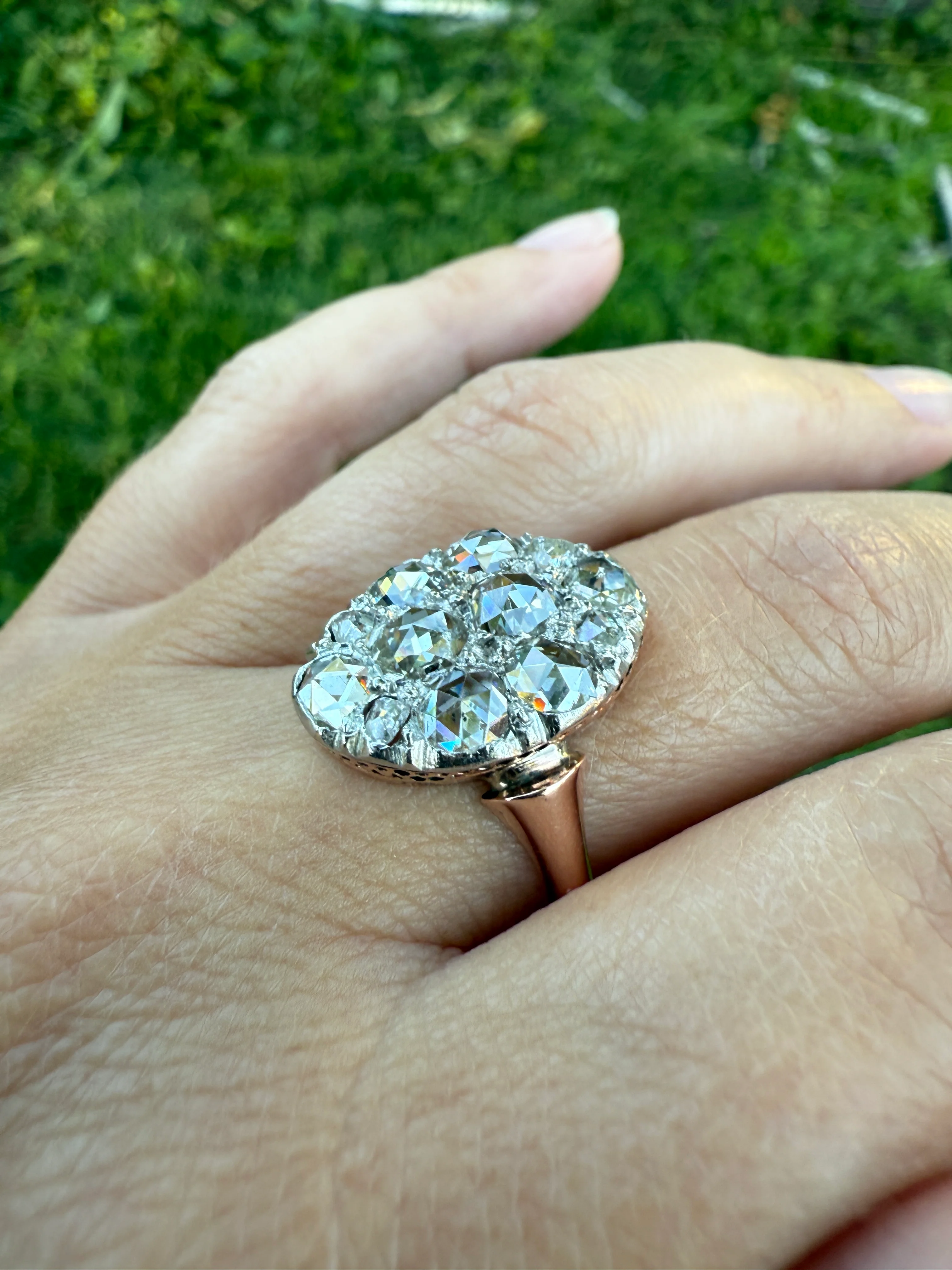 Extraordinary French Antique 3 Carat Scale Dutch Rose Cut DIAMOND 18k Gold Platinum Cluster Oval Stacker Rare Disco Ball Bauble - Image 12