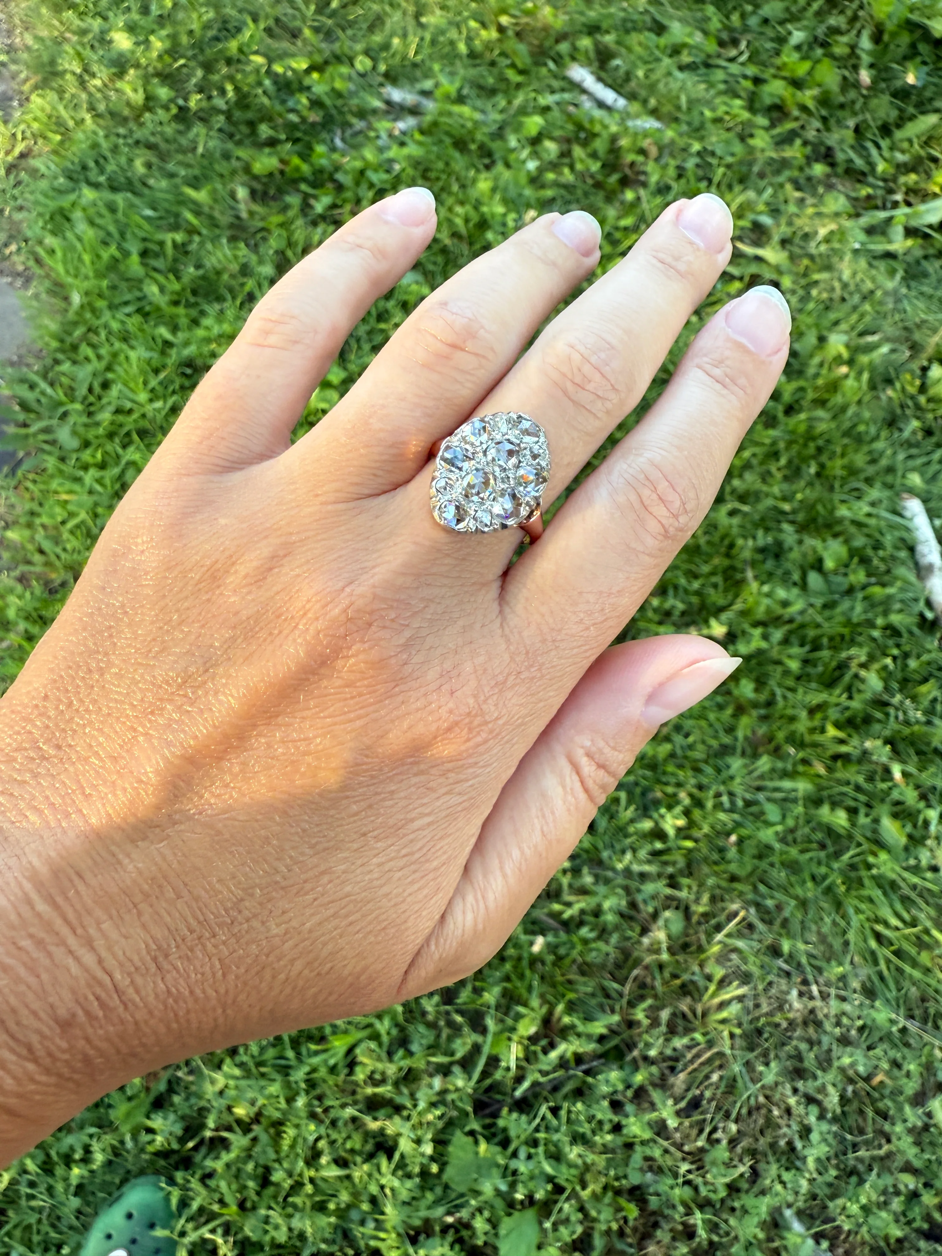 Extraordinary French Antique 3 Carat Scale Dutch Rose Cut DIAMOND 18k Gold Platinum Cluster Oval Stacker Rare Disco Ball Bauble - Image 15