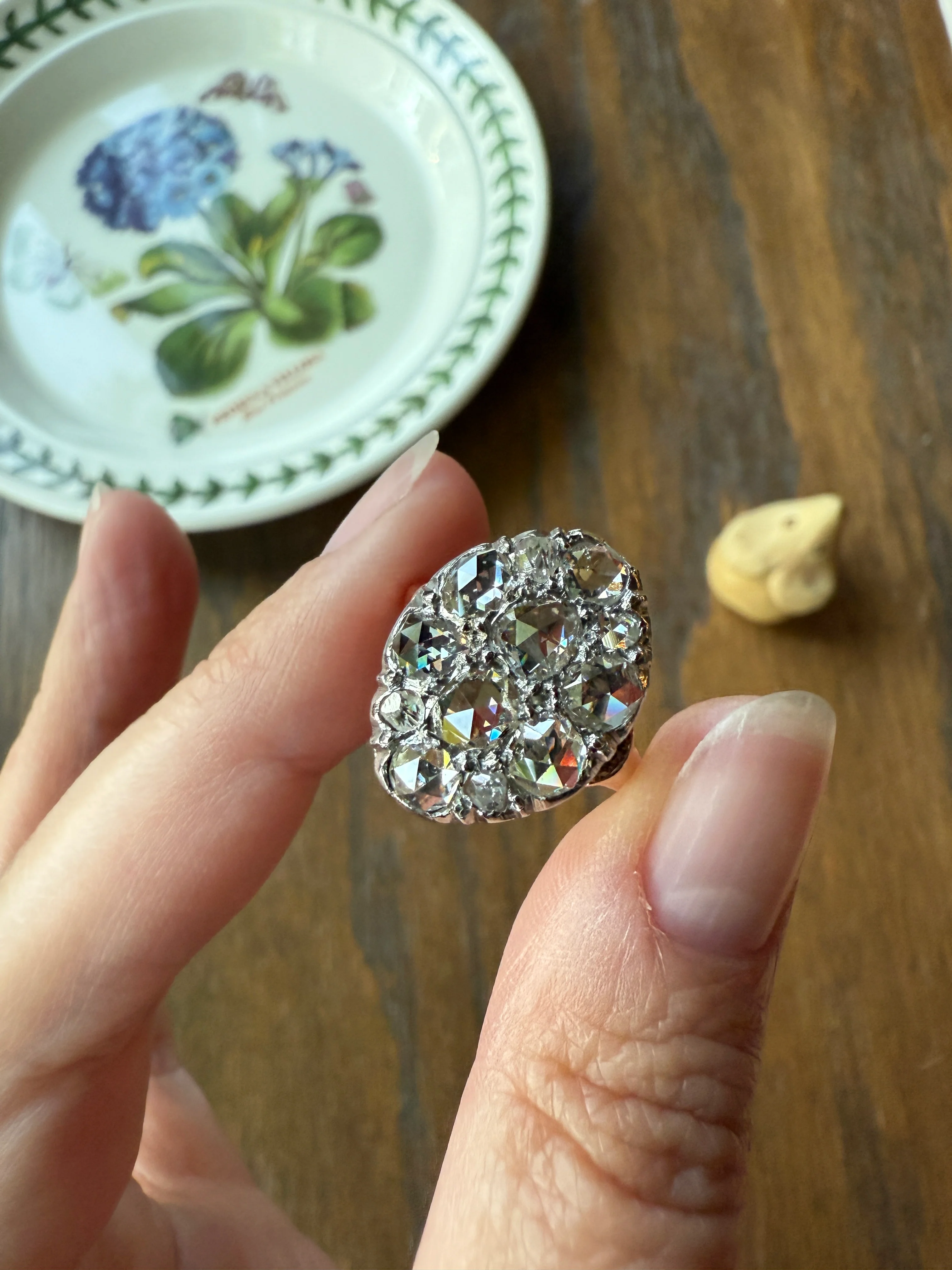 Extraordinary French Antique 3 Carat Scale Dutch Rose Cut DIAMOND 18k Gold Platinum Cluster Oval Stacker Rare Disco Ball Bauble - Image 16