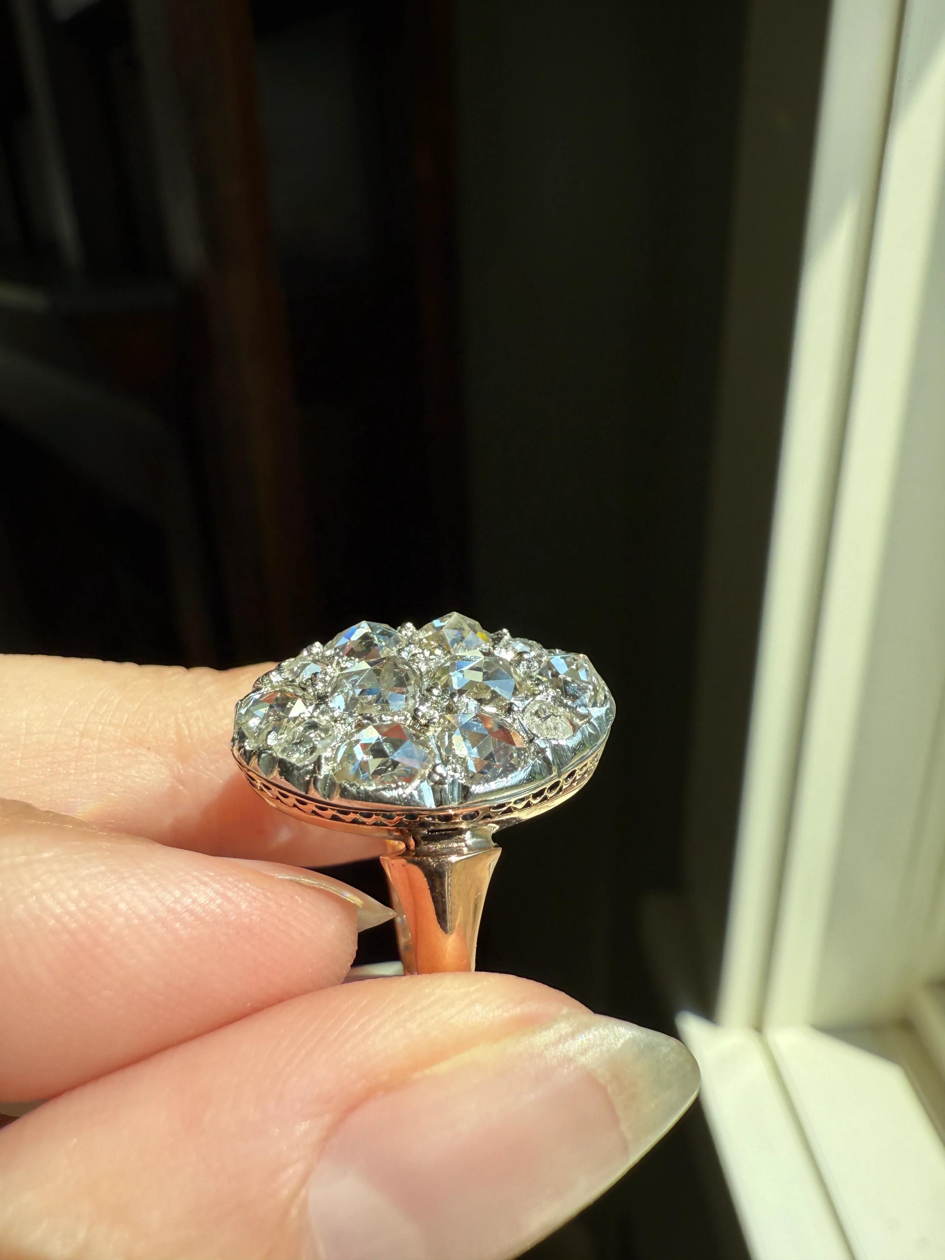 Extraordinary French Antique 3 Carat Scale Dutch Rose Cut DIAMOND 18k Gold Platinum Cluster Oval Stacker Rare Disco Ball Bauble - Image 19