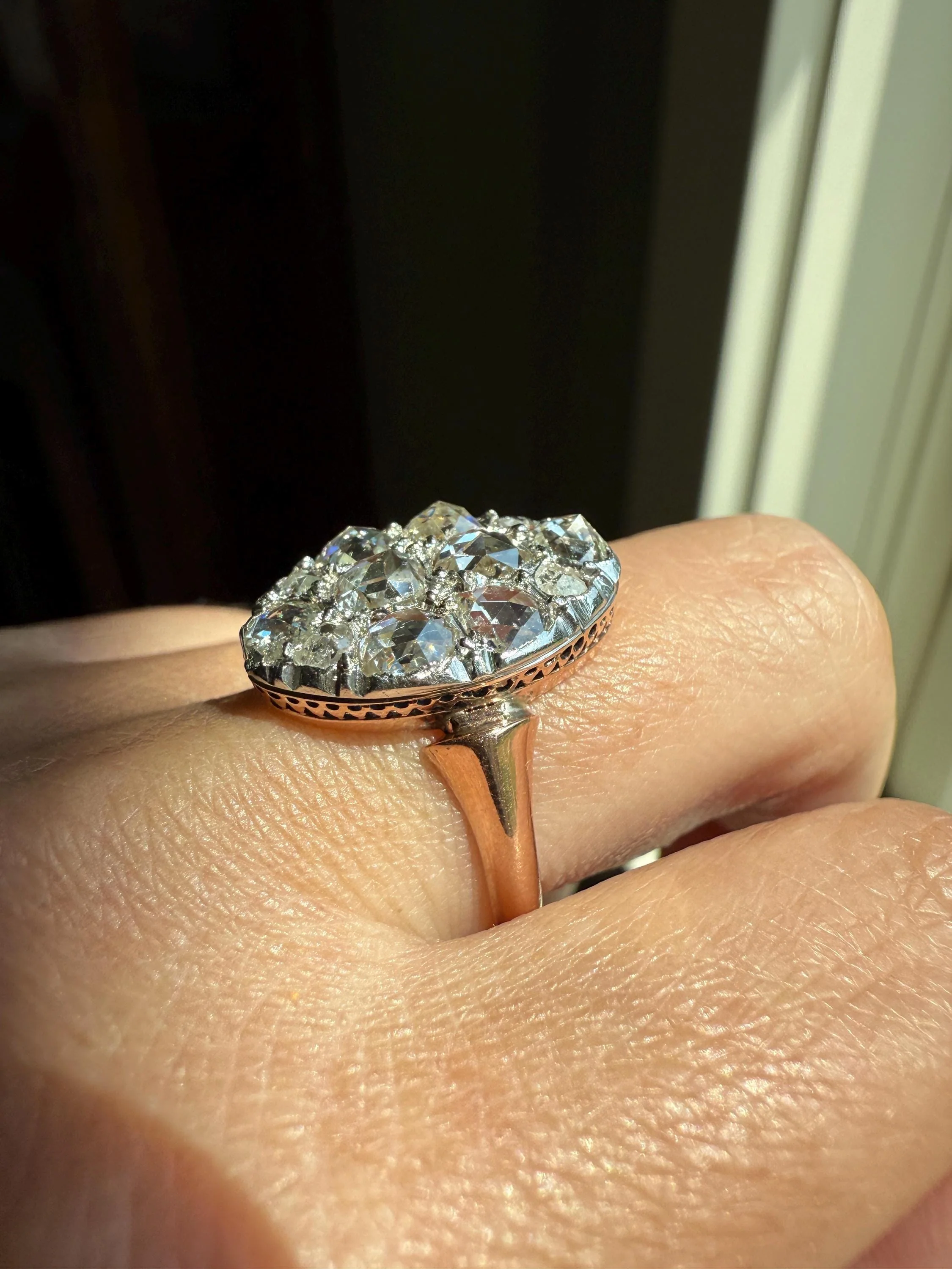 Extraordinary French Antique 3 Carat Scale Dutch Rose Cut DIAMOND 18k Gold Platinum Cluster Oval Stacker Rare Disco Ball Bauble - Image 2
