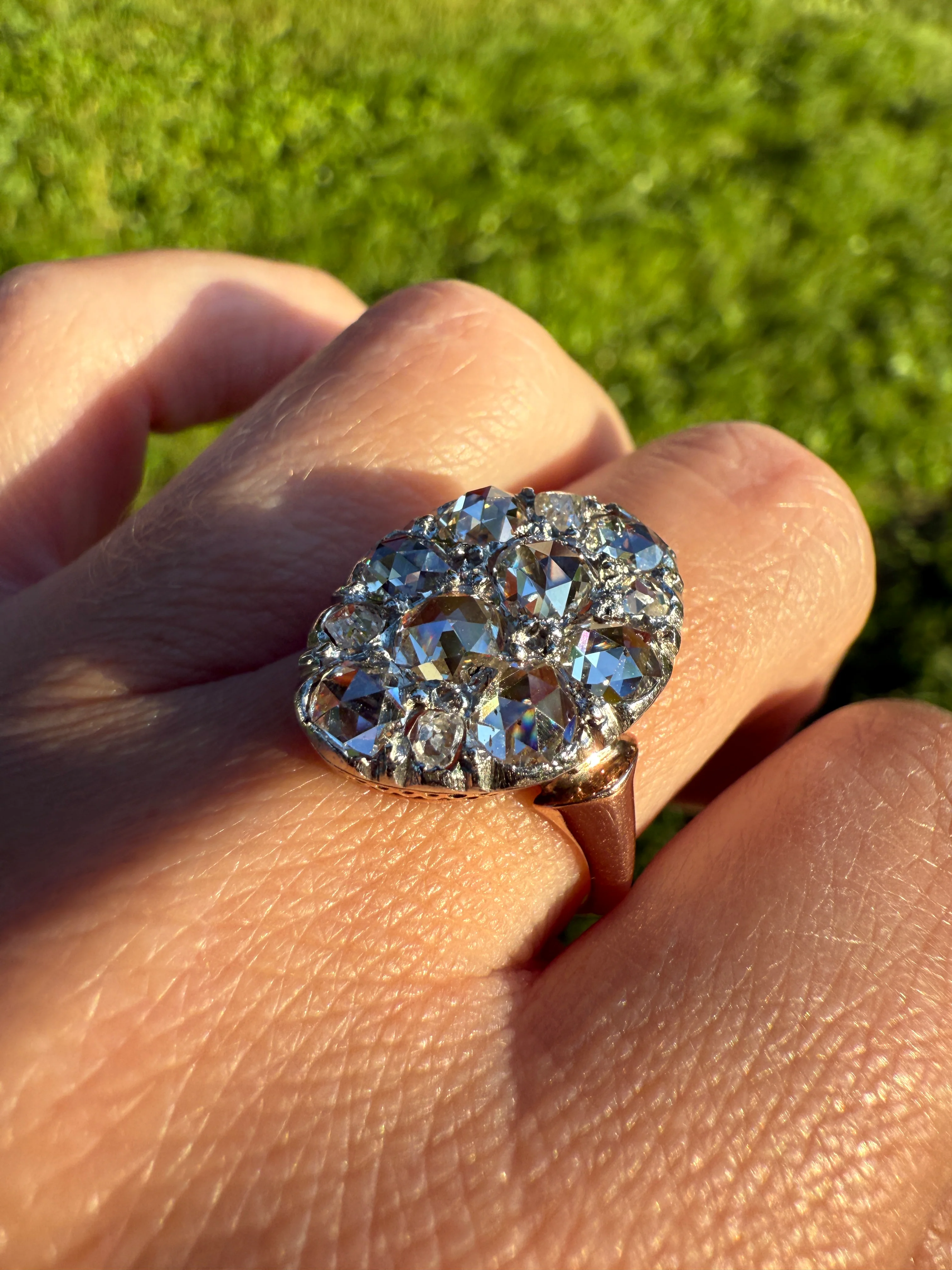 Extraordinary French Antique 3 Carat Scale Dutch Rose Cut DIAMOND 18k Gold Platinum Cluster Oval Stacker Rare Disco Ball Bauble - Image 20