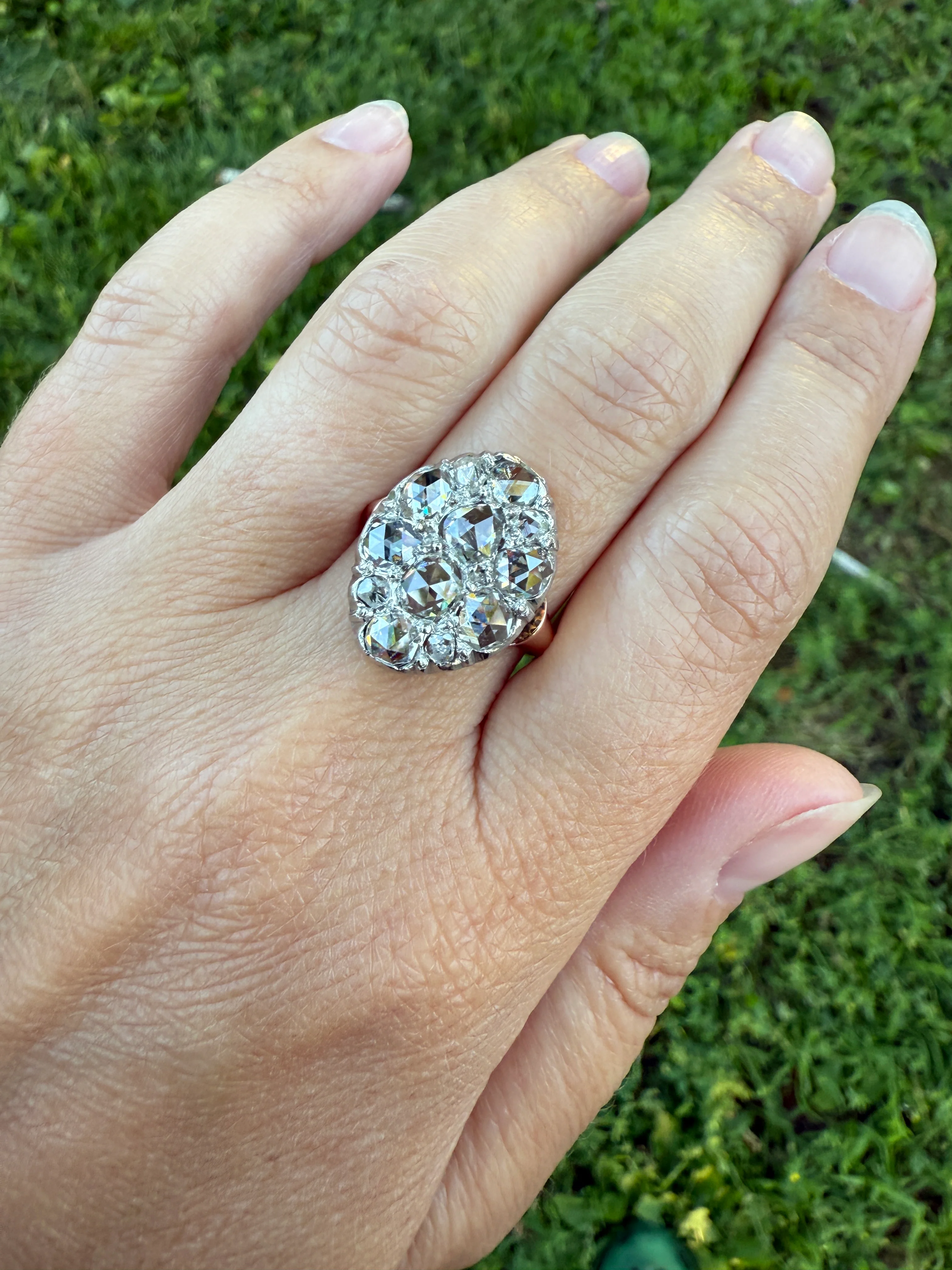 Extraordinary French Antique 3 Carat Scale Dutch Rose Cut DIAMOND 18k Gold Platinum Cluster Oval Stacker Rare Disco Ball Bauble - Image 23