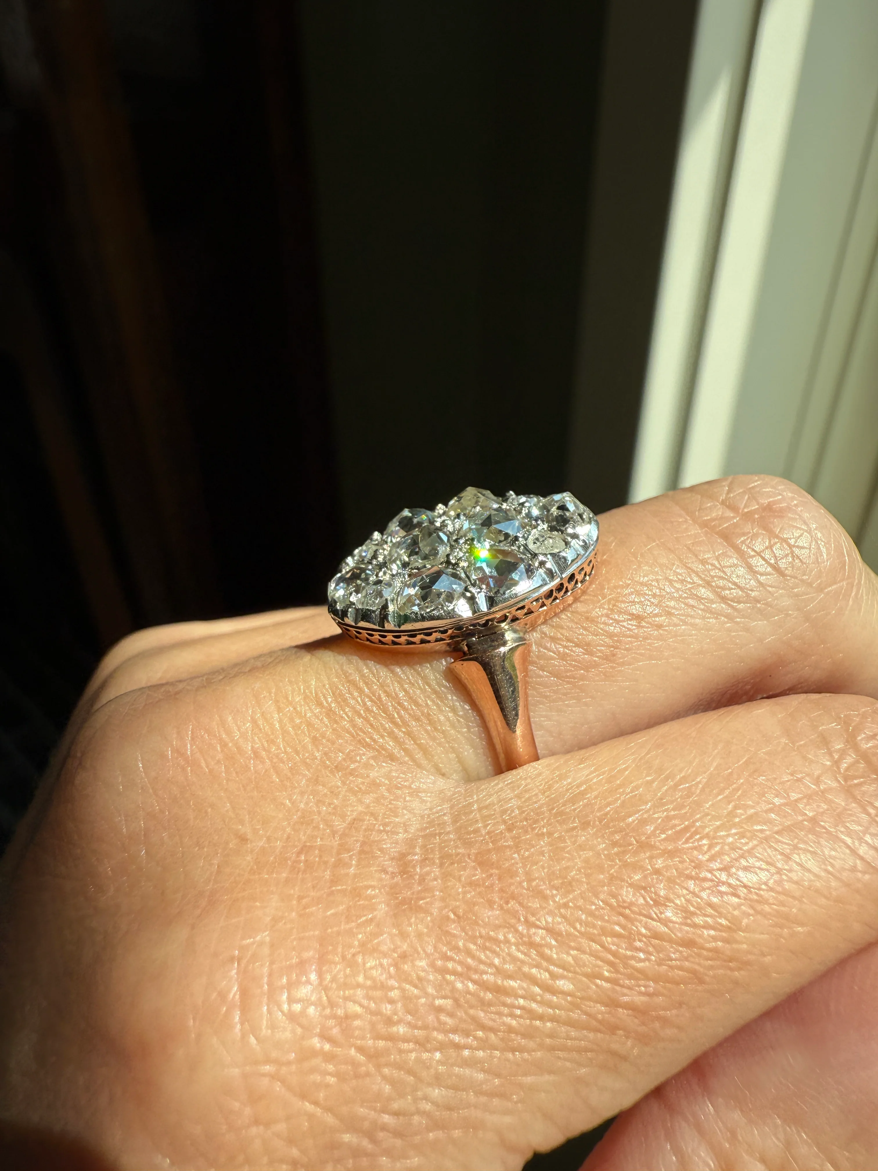 Extraordinary French Antique 3 Carat Scale Dutch Rose Cut DIAMOND 18k Gold Platinum Cluster Oval Stacker Rare Disco Ball Bauble - Image 24