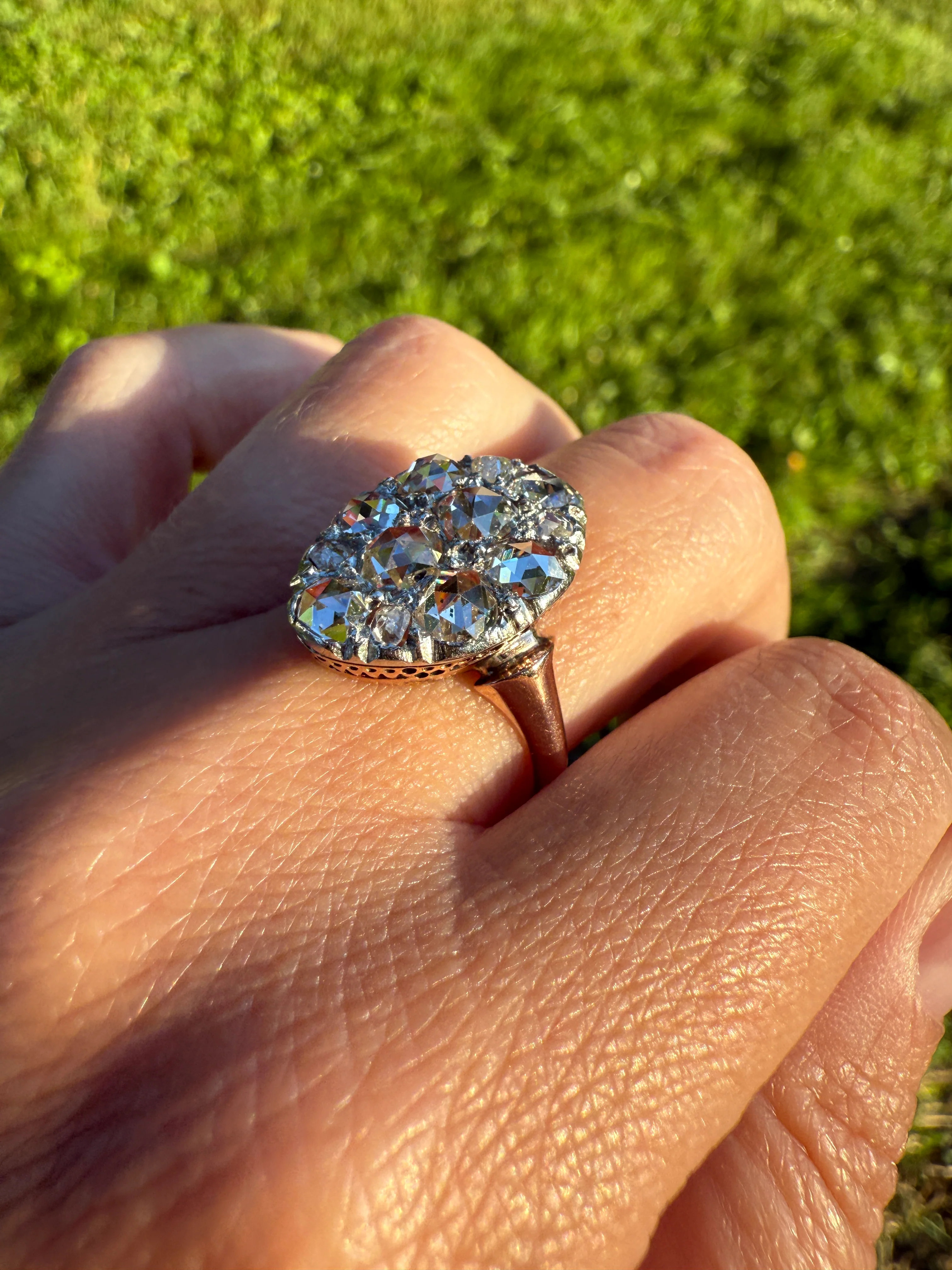 Extraordinary French Antique 3 Carat Scale Dutch Rose Cut DIAMOND 18k Gold Platinum Cluster Oval Stacker Rare Disco Ball Bauble - Image 25