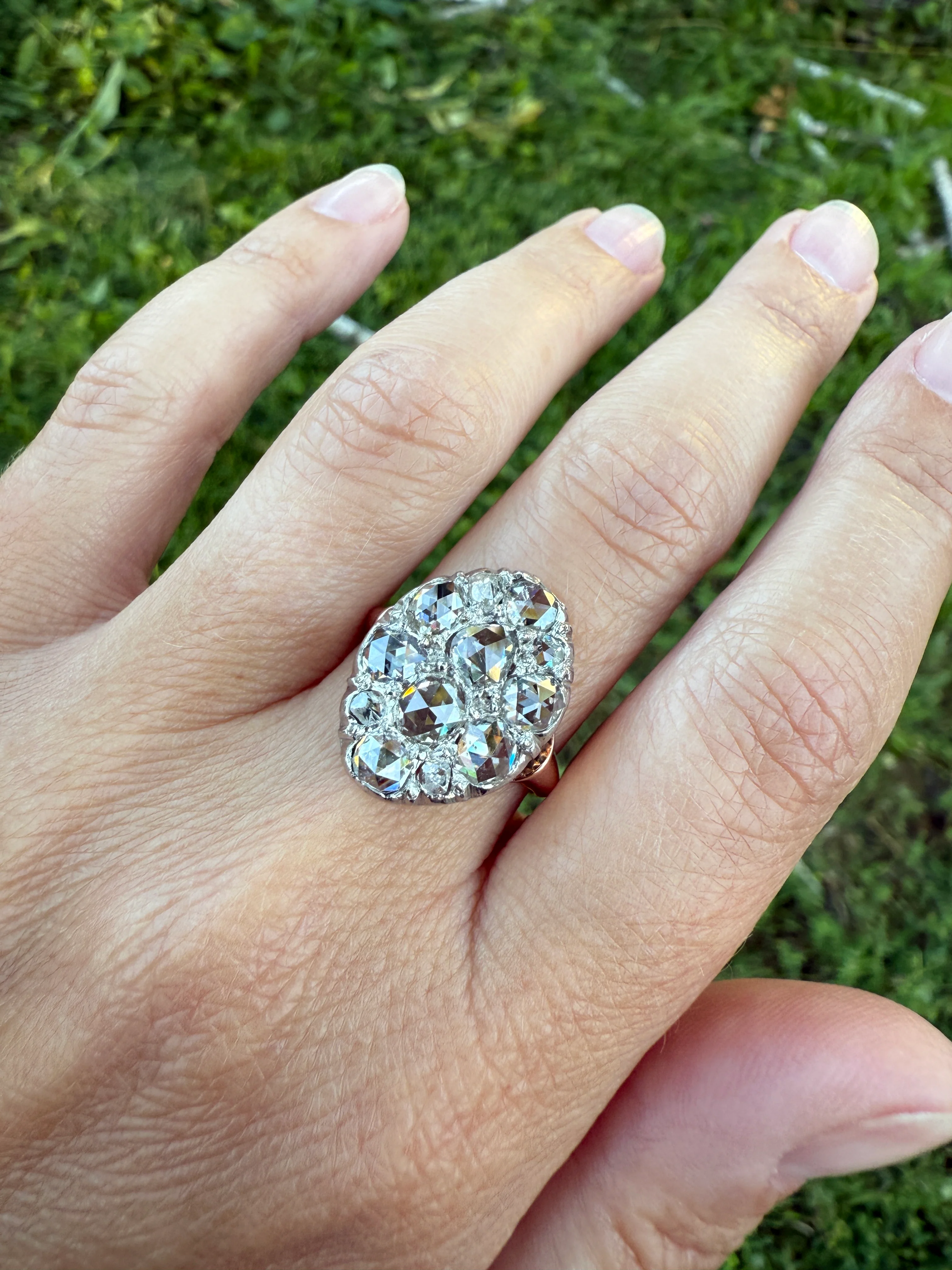 Extraordinary French Antique 3 Carat Scale Dutch Rose Cut DIAMOND 18k Gold Platinum Cluster Oval Stacker Rare Disco Ball Bauble - Image 26