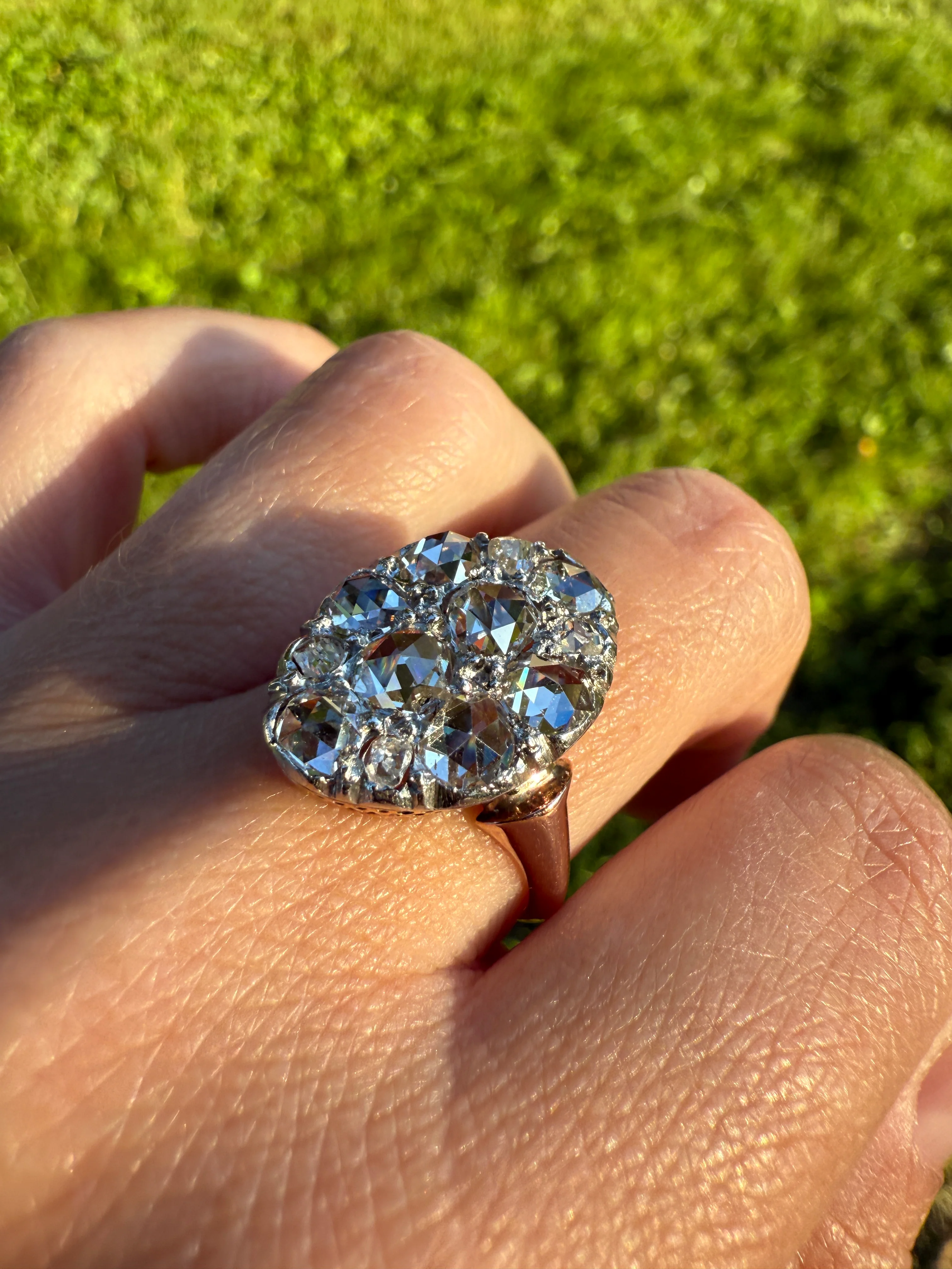Extraordinary French Antique 3 Carat Scale Dutch Rose Cut DIAMOND 18k Gold Platinum Cluster Oval Stacker Rare Disco Ball Bauble - Image 29