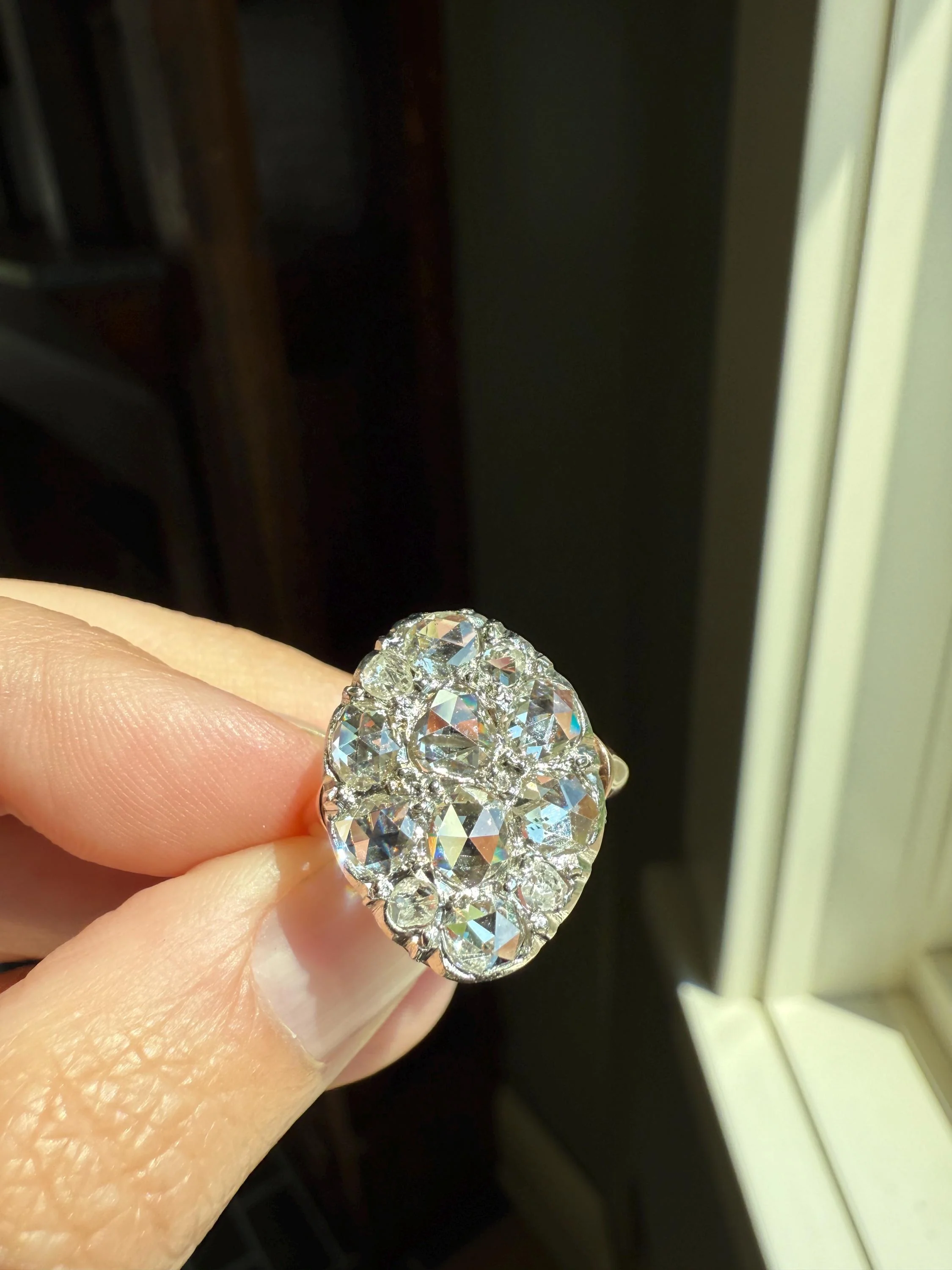 Extraordinary French Antique 3 Carat Scale Dutch Rose Cut DIAMOND 18k Gold Platinum Cluster Oval Stacker Rare Disco Ball Bauble - Image 4