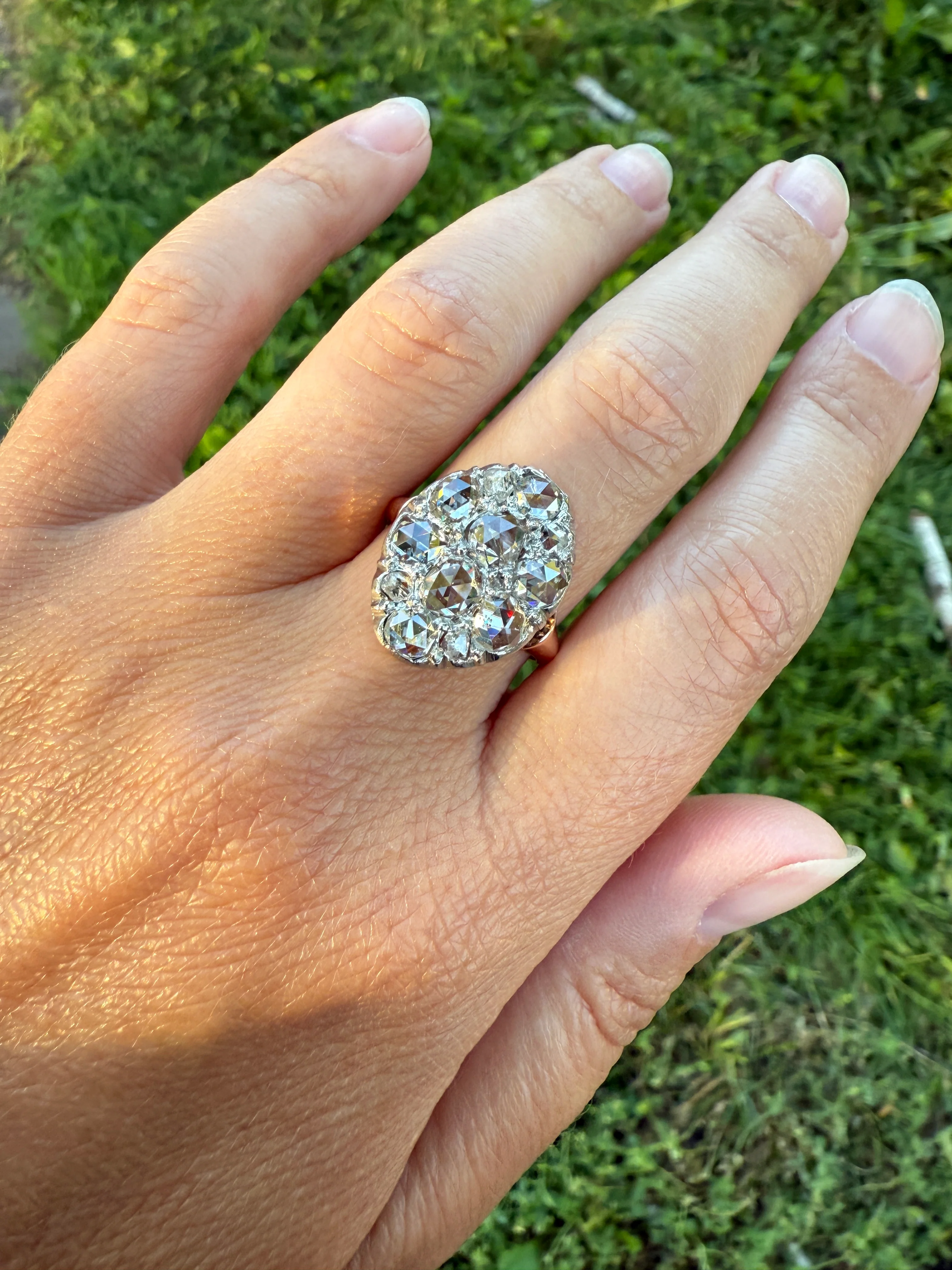 Extraordinary French Antique 3 Carat Scale Dutch Rose Cut DIAMOND 18k Gold Platinum Cluster Oval Stacker Rare Disco Ball Bauble - Image 7