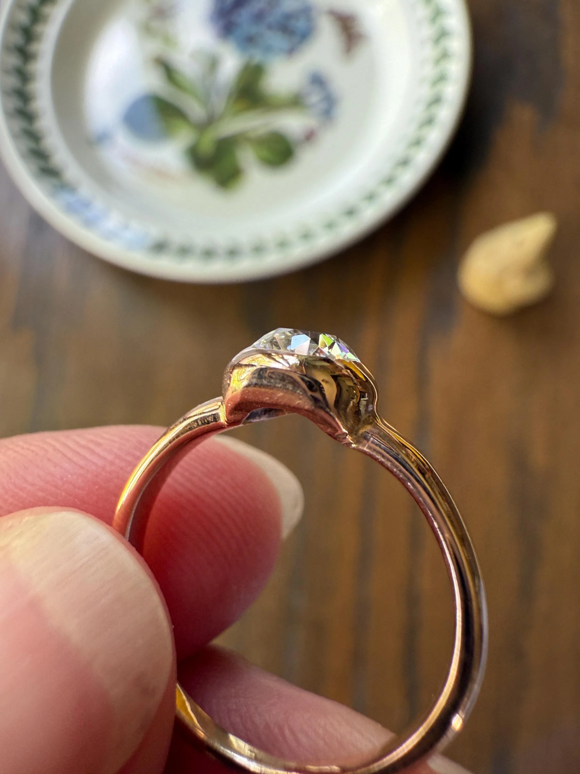 Eye Clean Antique Old Mine Cut DIAMOND Bright White Solitaire in Vintage Bezel Setting 18k Rose Gold Chunky Stacker Minimalist Engagement - Image 7
