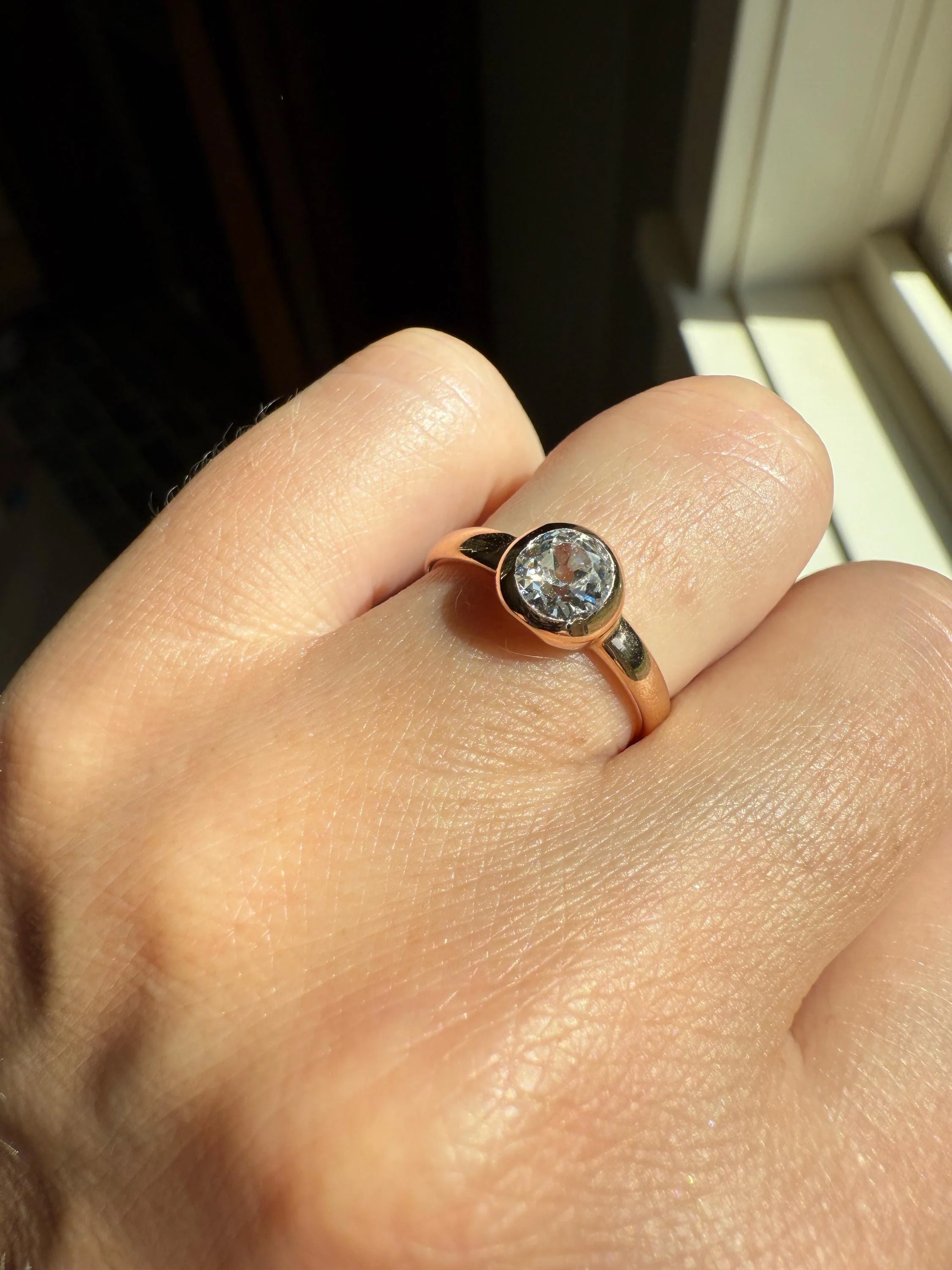 Eye Clean Antique Old Mine Cut DIAMOND Bright White Solitaire in Vintage Bezel Setting 18k Rose Gold Chunky Stacker Minimalist Engagement - Image 8