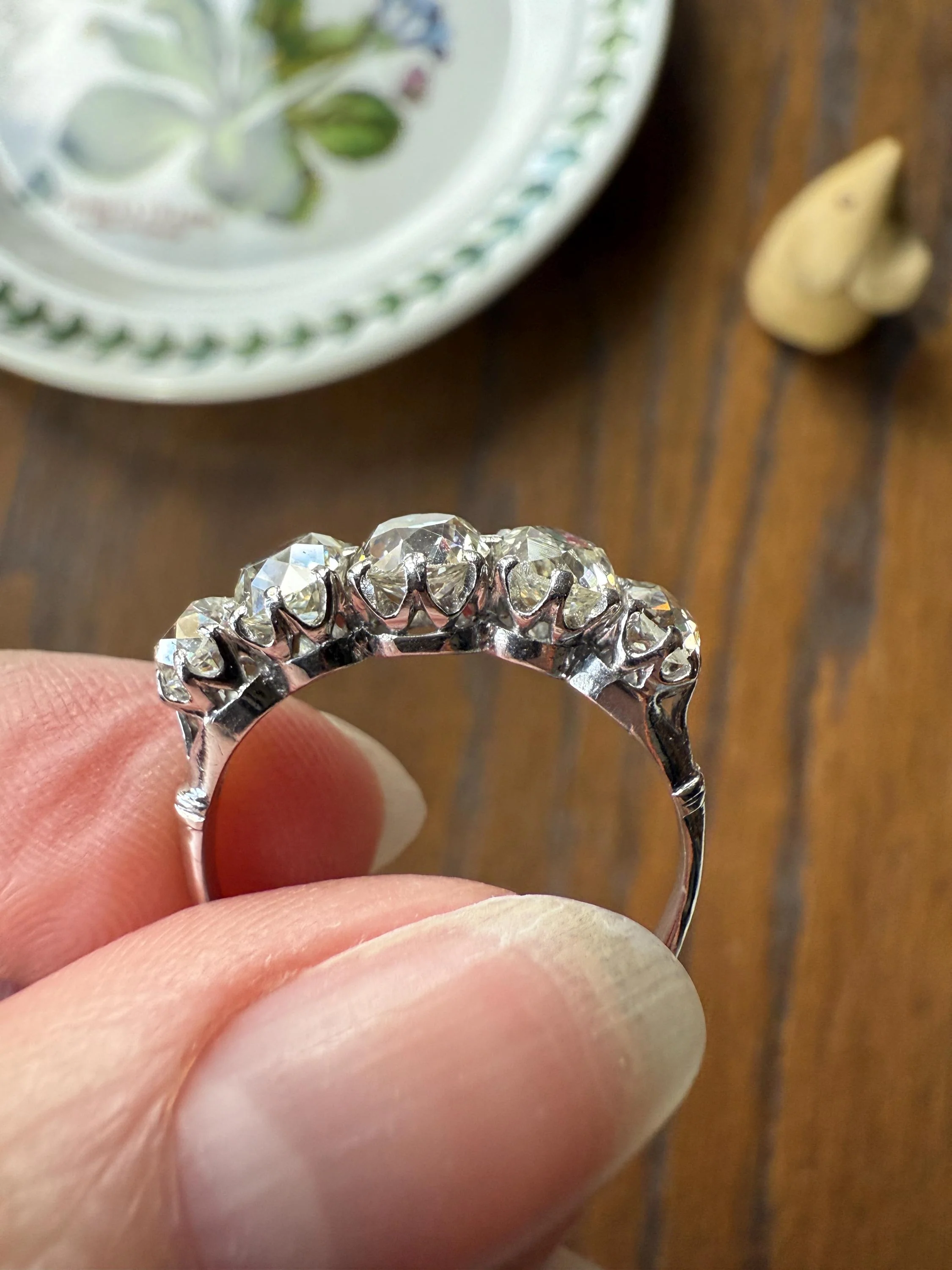 Fabulous 2.4 Carat Chunky Antique Natural Old Mine Cut DIAMOND Eye Clean Five Stone Band French 18k White Gold Platinum Solid Stacker Gift - Image 3