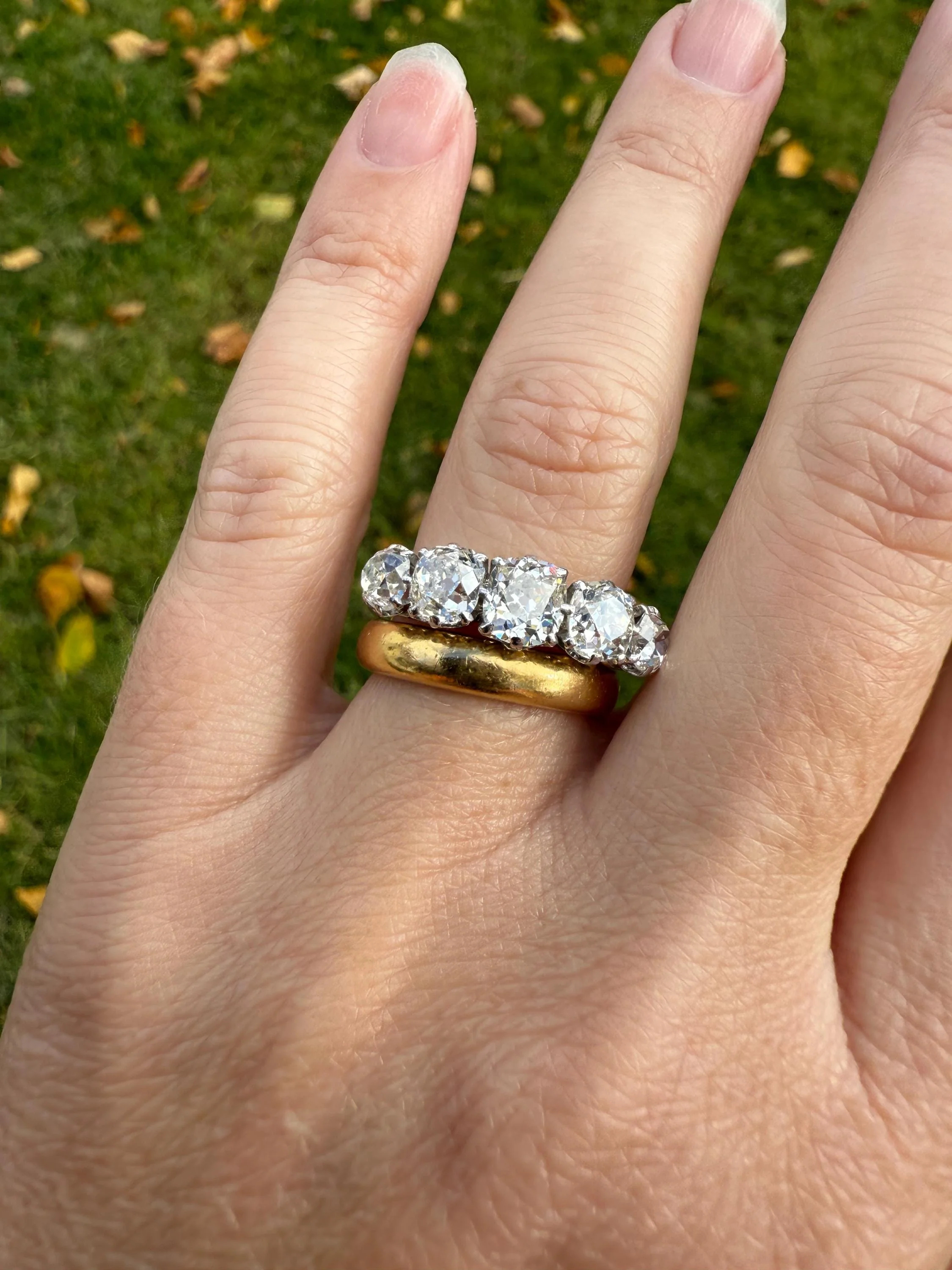 Fabulous 2.4 Carat Chunky Antique Natural Old Mine Cut DIAMOND Eye Clean Five Stone Band French 18k White Gold Platinum Solid Stacker Gift - Image 4