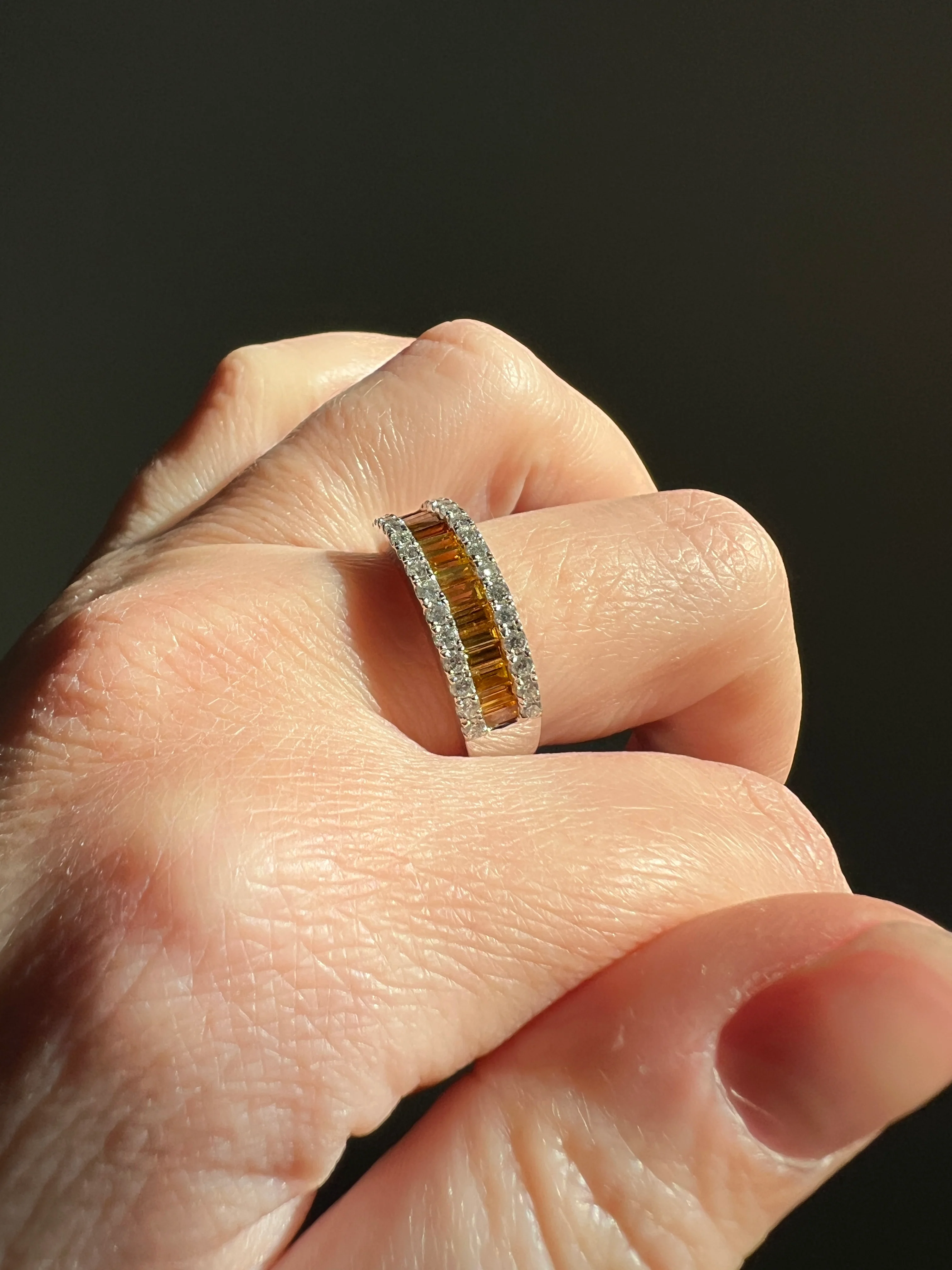FANCY Intense YELLOW Orange & White 1.9 Carat DIAMOND 18k White Gold Ring Baguette Channel Set Band Half Hoop Stacker - Image 17
