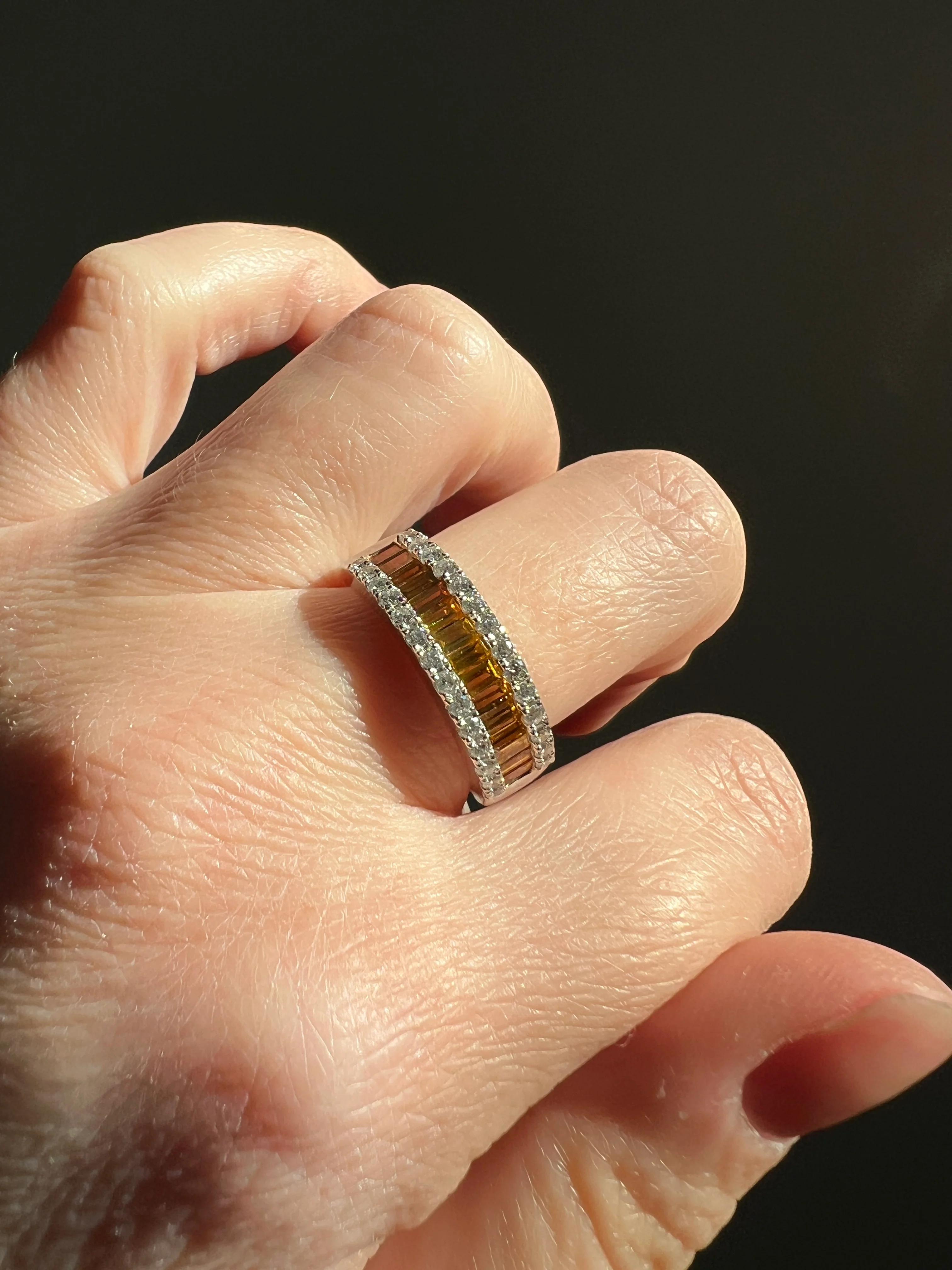 FANCY Intense YELLOW Orange & White 1.9 Carat DIAMOND 18k White Gold Ring Baguette Channel Set Band Half Hoop Stacker - Image 20