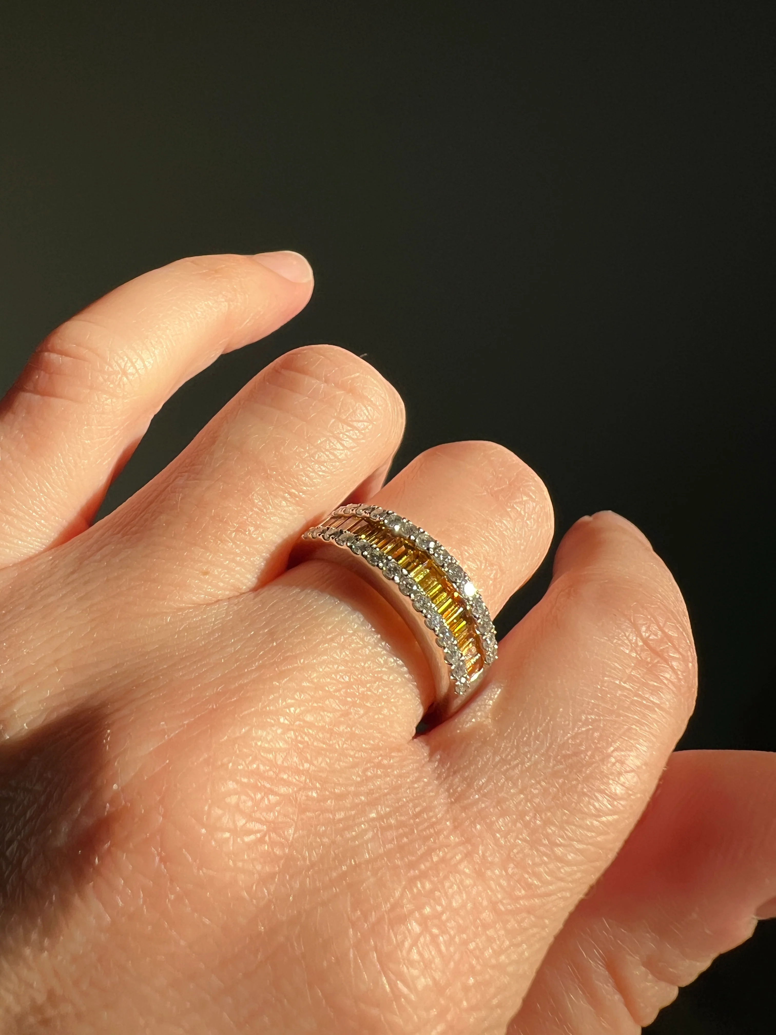 FANCY Intense YELLOW Orange & White 1.9 Carat DIAMOND 18k White Gold Ring Baguette Channel Set Band Half Hoop Stacker - Image 21