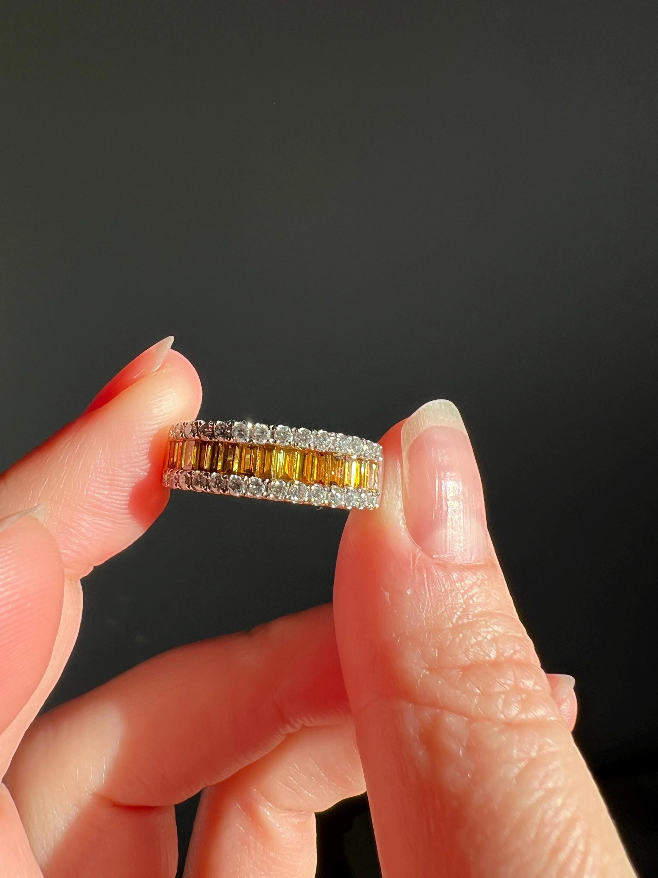 FANCY Intense YELLOW Orange & White 1.9 Carat DIAMOND 18k White Gold Ring Baguette Channel Set Band Half Hoop Stacker - Image 3