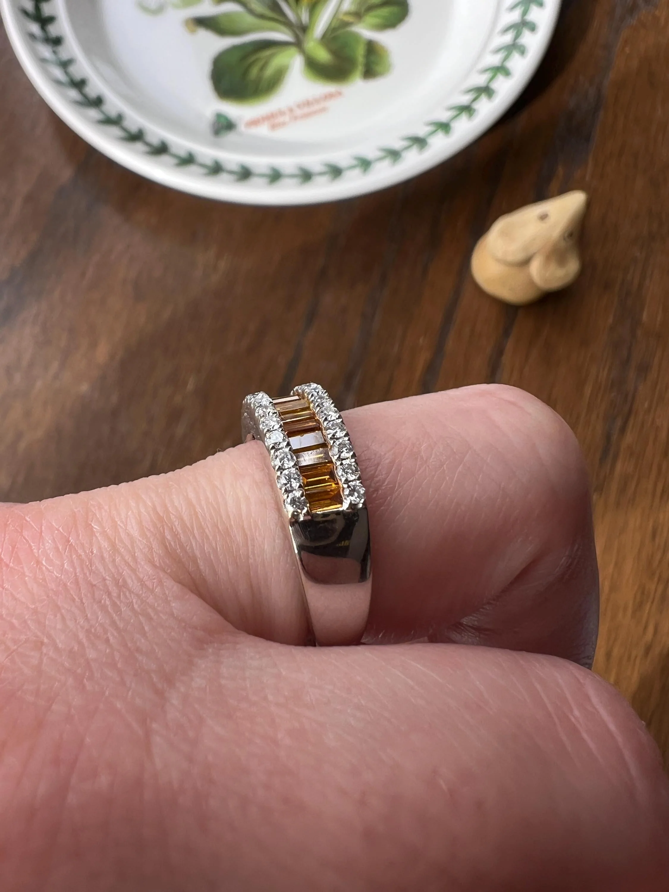 FANCY Intense YELLOW Orange & White 1.9 Carat DIAMOND 18k White Gold Ring Baguette Channel Set Band Half Hoop Stacker - Image 4