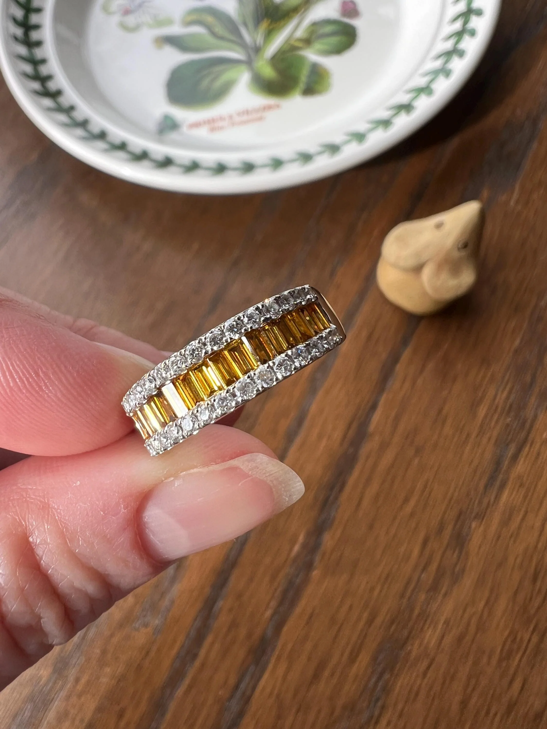 FANCY Intense YELLOW Orange & White 1.9 Carat DIAMOND 18k White Gold Ring Baguette Channel Set Band Half Hoop Stacker - Image 5