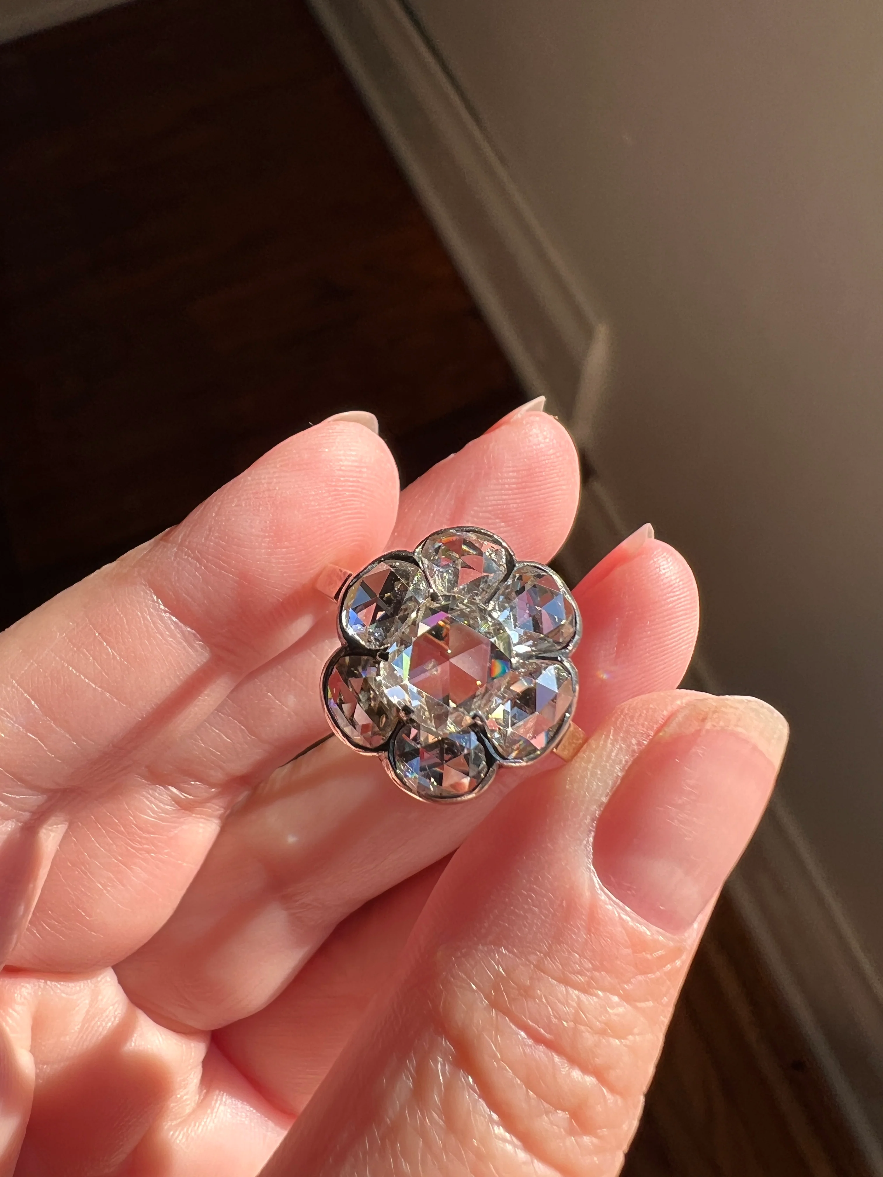 Fantastic French Antique 5 Carat Scale 18k Gold Dutch Rose Cut DIAMOND Daisy Cluster - Image 11