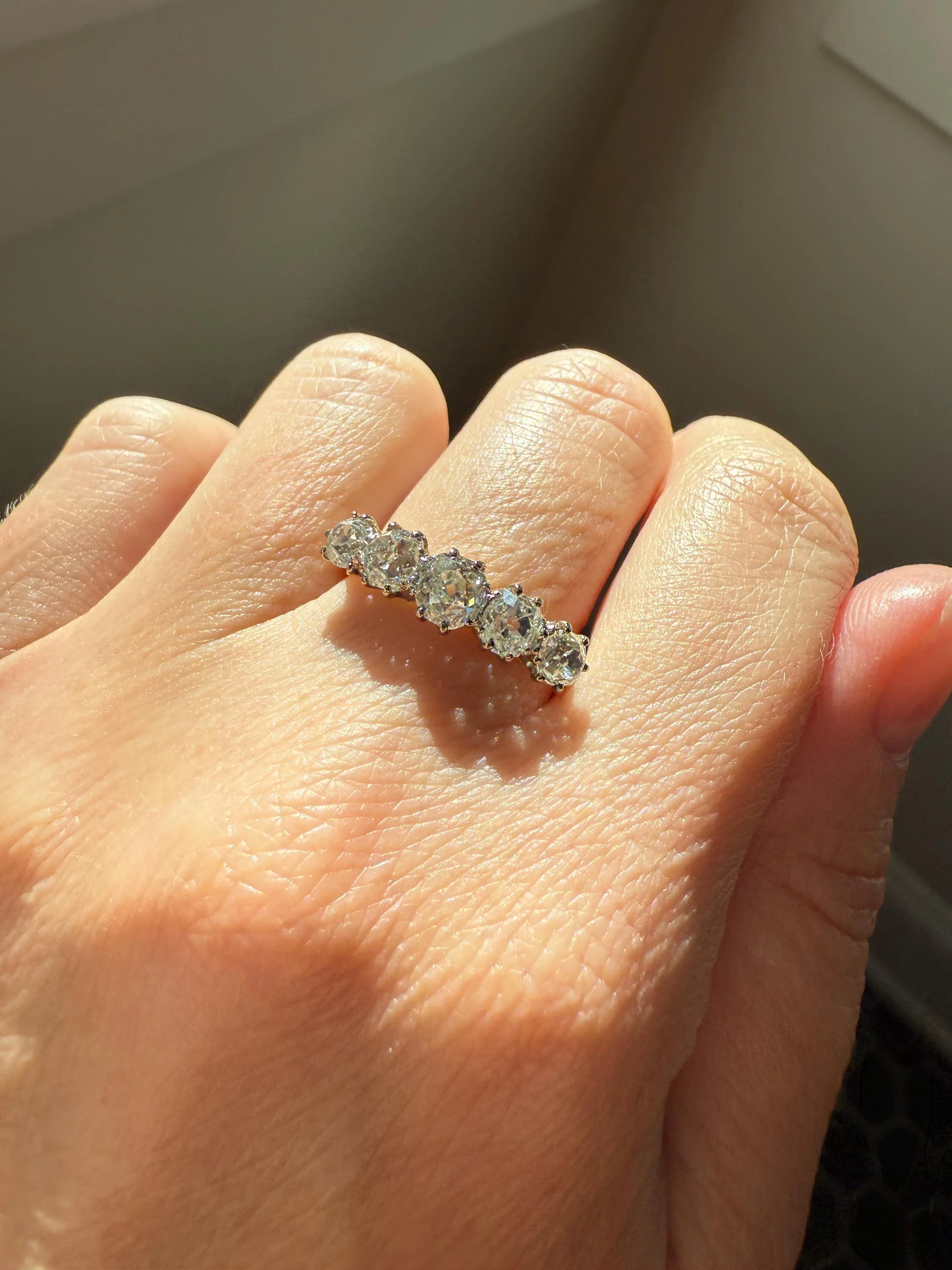 Five Stone Victorian Antique 1.75 CARAT Old Mine Cut DIAMOND Tall Stacker Ring 18k Gold Skinny Band Wedding Anniversary - Image 3