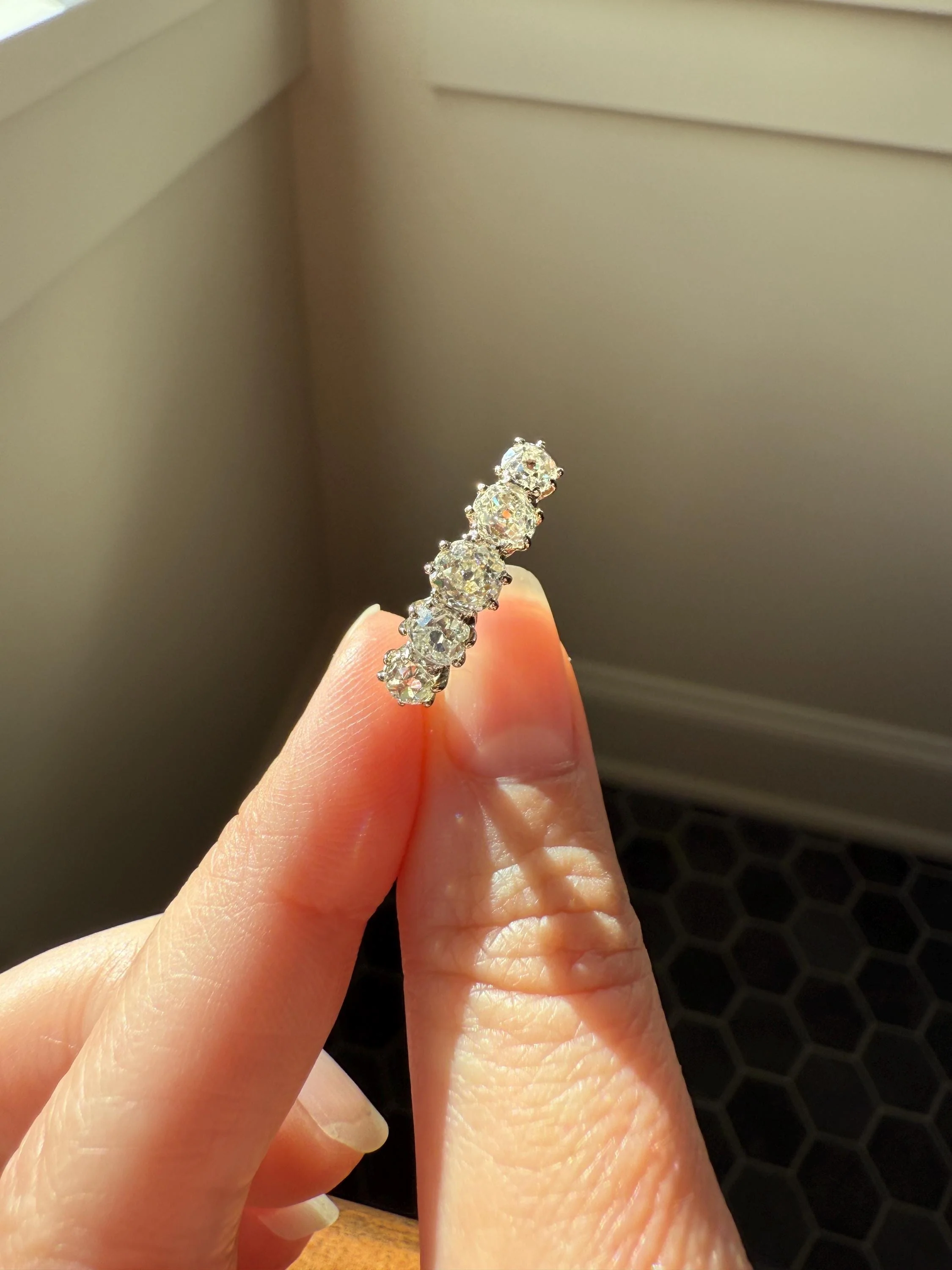 Five Stone Victorian Antique 1.75 CARAT Old Mine Cut DIAMOND Tall Stacker Ring 18k Gold Skinny Band Wedding Anniversary - Image 4