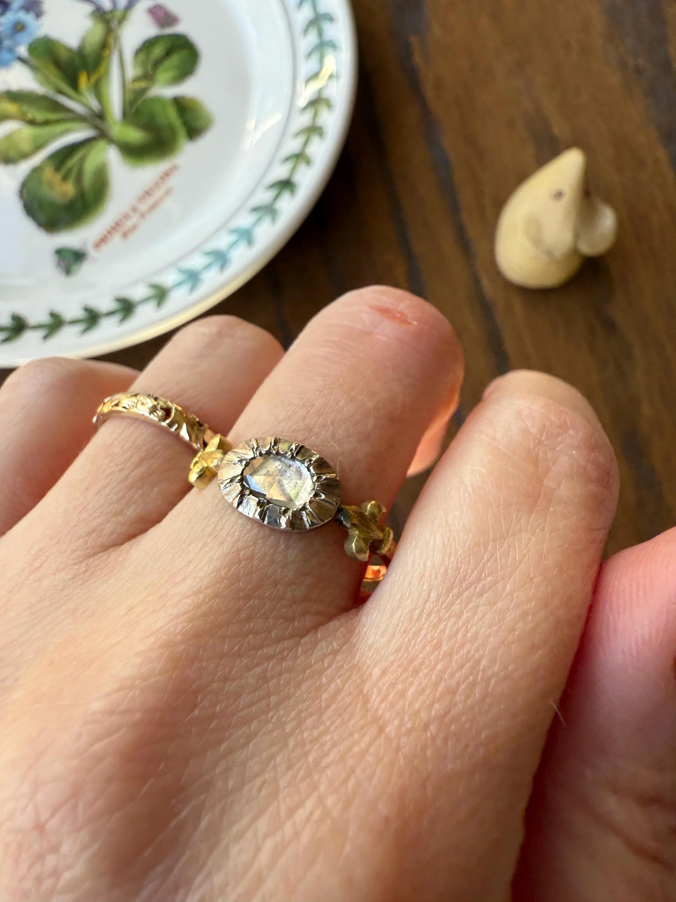 FLEUR De LIS Figural Antique Ring Rose Cut DIAMOND Solitaire Ring 18k Gold Solid East West Silver Collet Oval French Victorian Stacker Band - Image 13