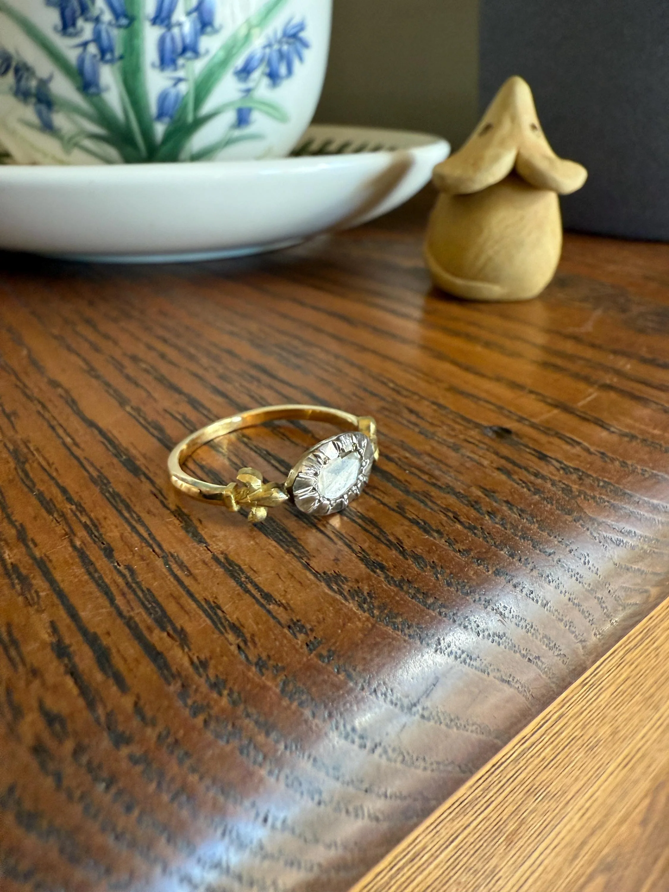 FLEUR De LIS Figural Antique Ring Rose Cut DIAMOND Solitaire Ring 18k Gold Solid East West Silver Collet Oval French Victorian Stacker Band - Image 15
