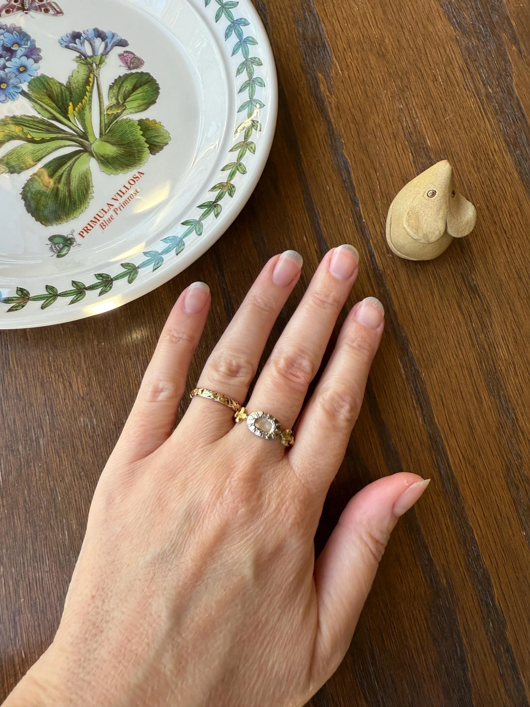 FLEUR De LIS Figural Antique Ring Rose Cut DIAMOND Solitaire Ring 18k Gold Solid East West Silver Collet Oval French Victorian Stacker Band - Image 16