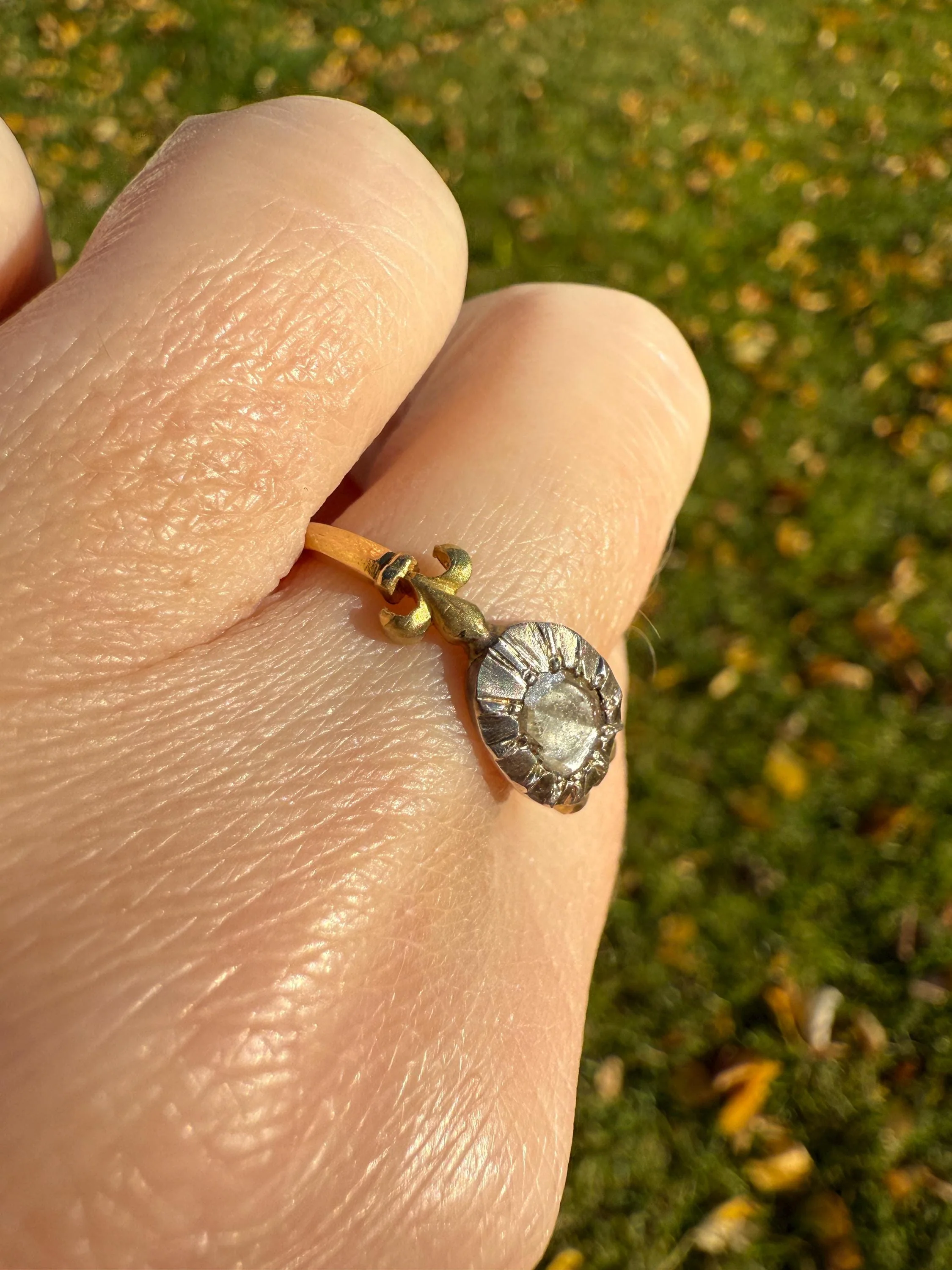 FLEUR De LIS Figural Antique Ring Rose Cut DIAMOND Solitaire Ring 18k Gold Solid East West Silver Collet Oval French Victorian Stacker Band - Image 2