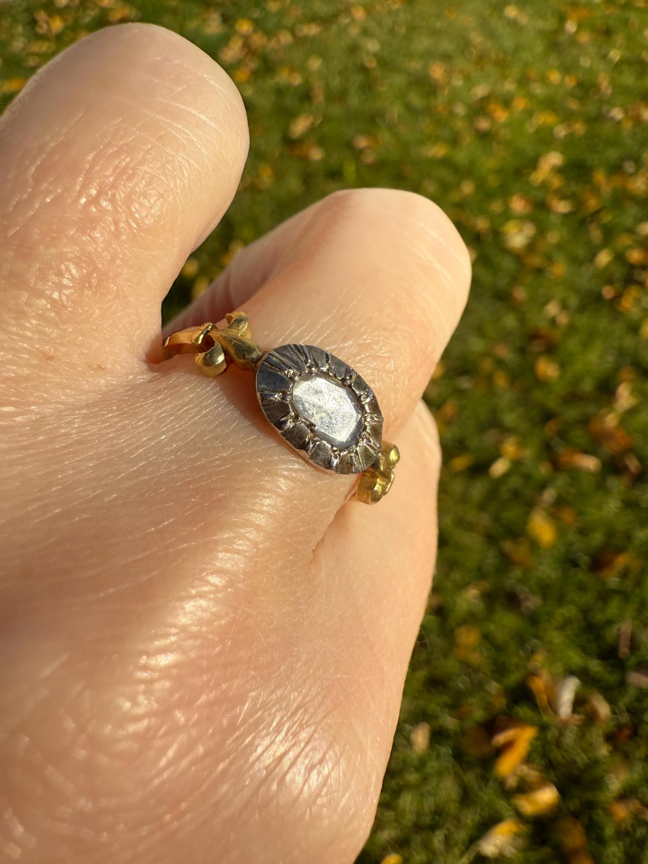 FLEUR De LIS Figural Antique Ring Rose Cut DIAMOND Solitaire Ring 18k Gold Solid East West Silver Collet Oval French Victorian Stacker Band - Image 4