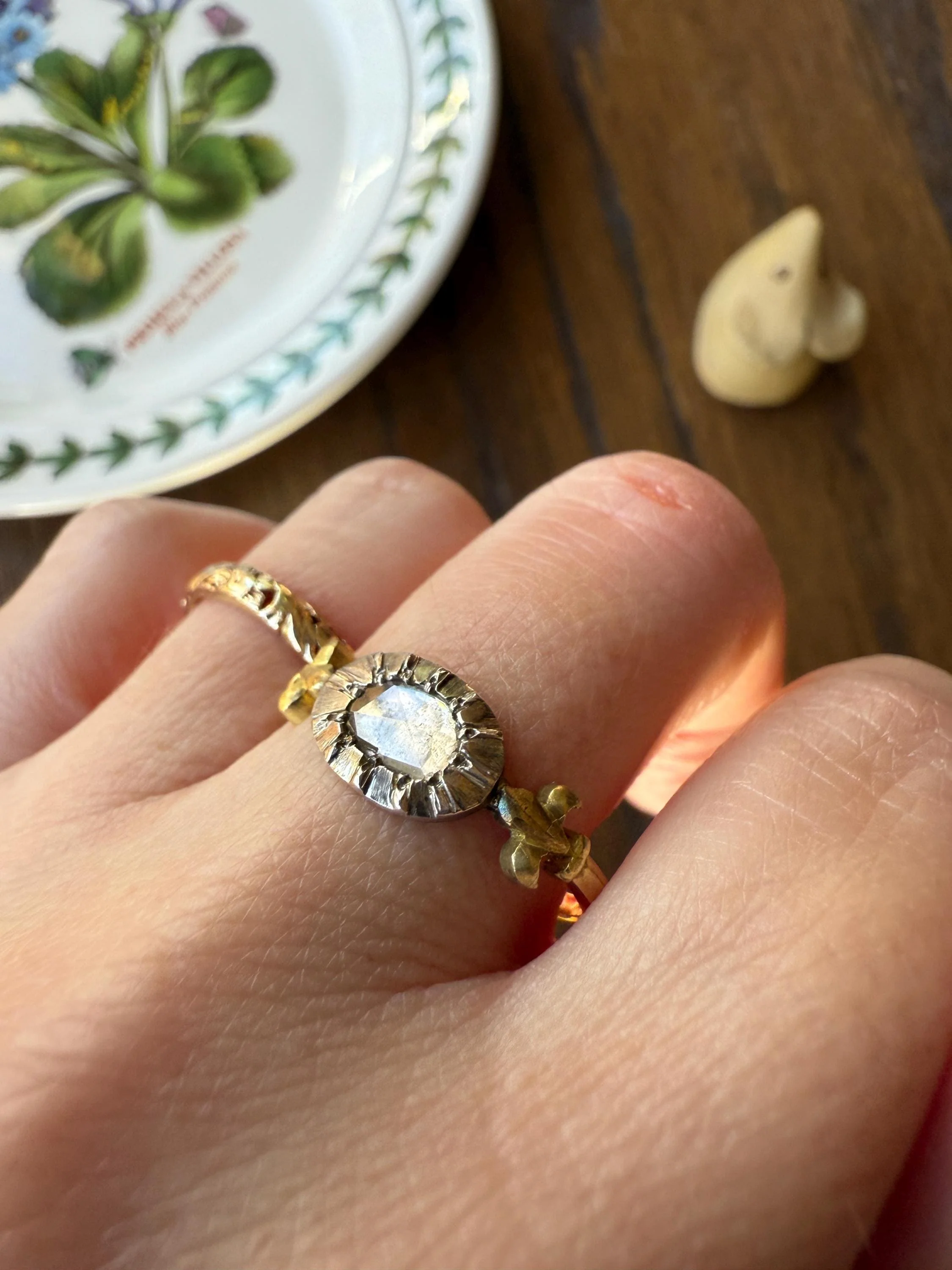 FLEUR De LIS Figural Antique Ring Rose Cut DIAMOND Solitaire Ring 18k Gold Solid East West Silver Collet Oval French Victorian Stacker Band - Image 5
