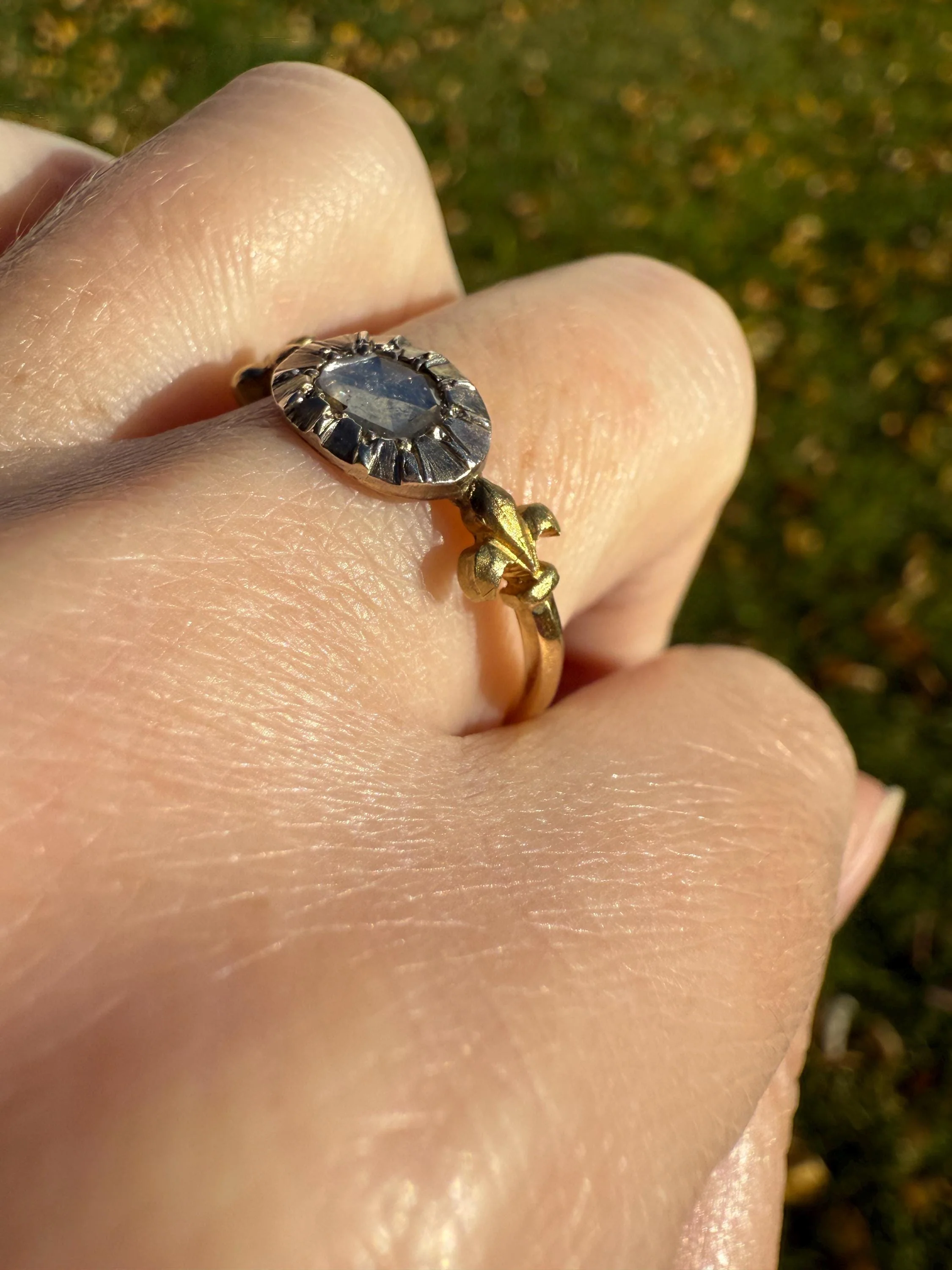 FLEUR De LIS Figural Antique Ring Rose Cut DIAMOND Solitaire Ring 18k Gold Solid East West Silver Collet Oval French Victorian Stacker Band - Image 6