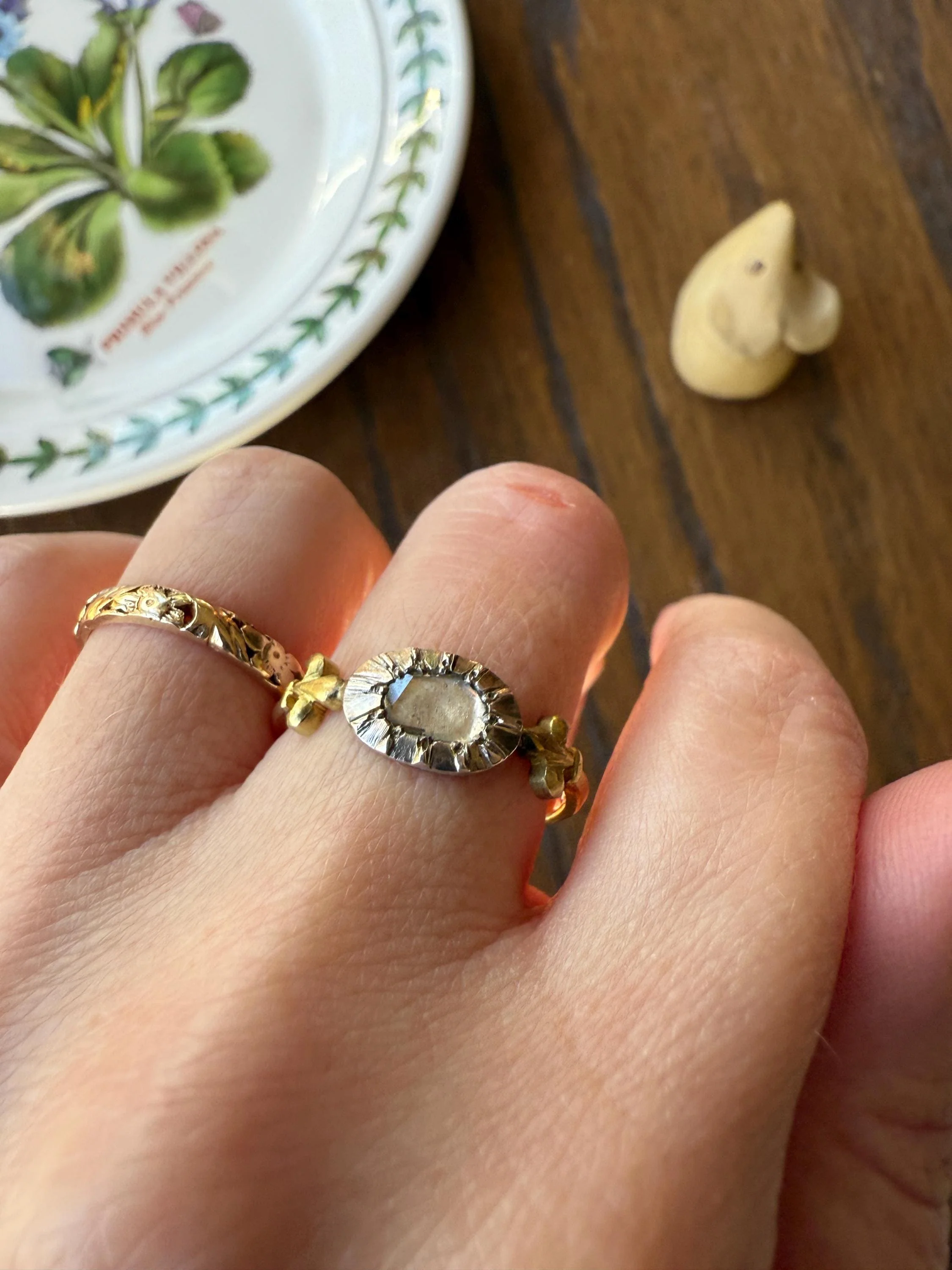 FLEUR De LIS Figural Antique Ring Rose Cut DIAMOND Solitaire Ring 18k Gold Solid East West Silver Collet Oval French Victorian Stacker Band - Image 7