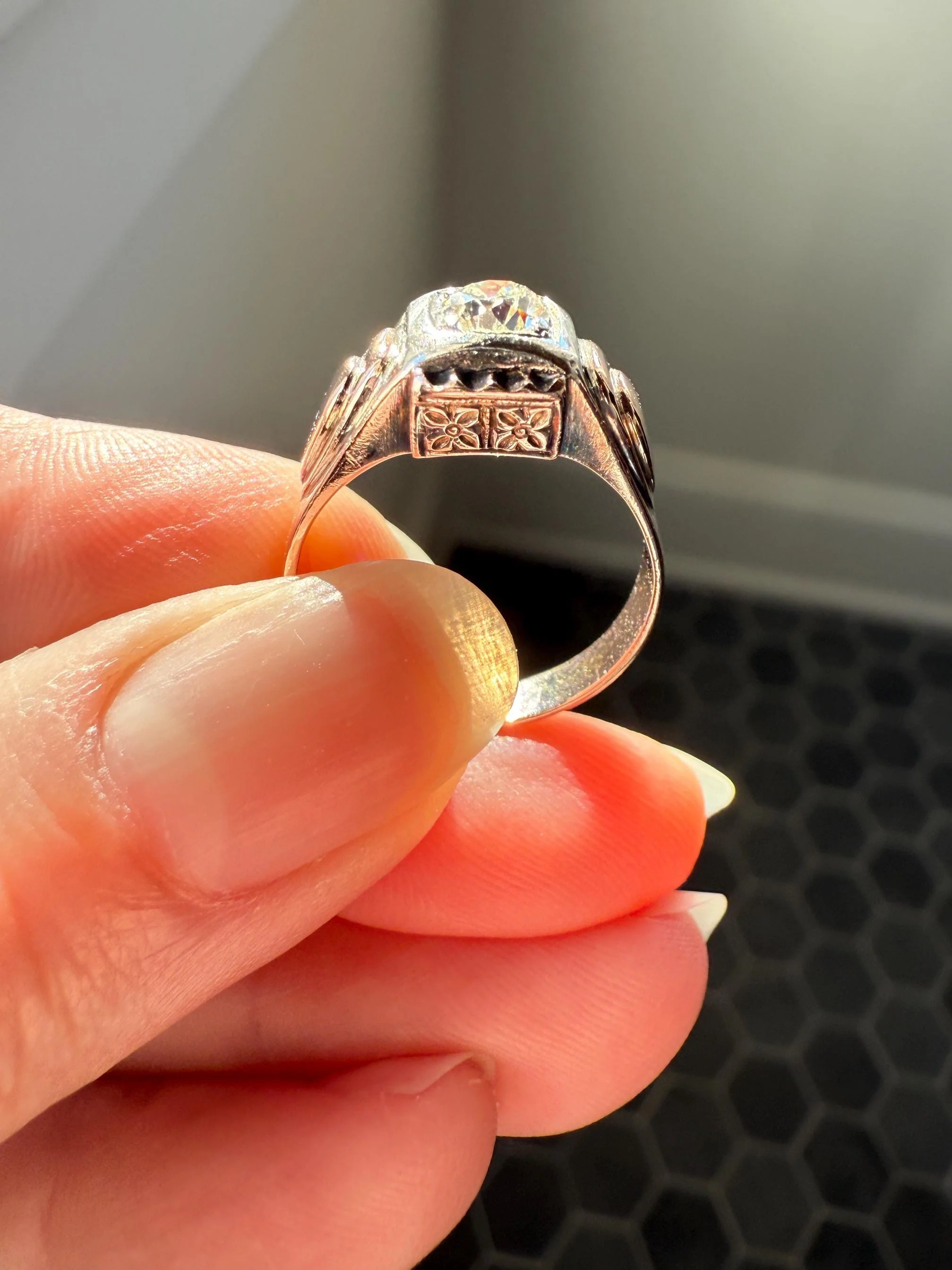 Floral .5 Carat Old Mine Cut Diamond 18k Gold Rosy Antique Solitaire Ring Square Bezel Unique Chunky Engagement Wedding