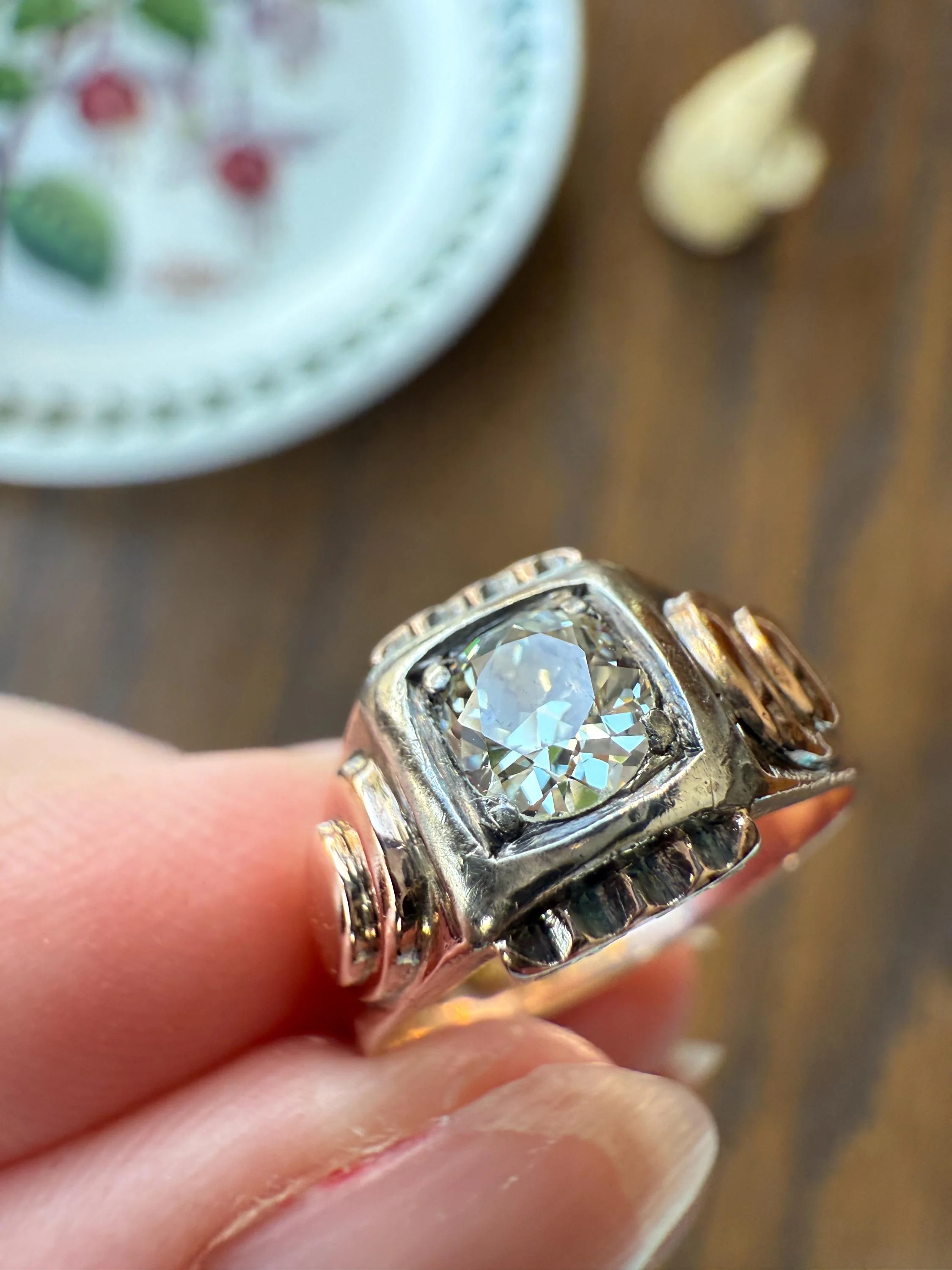 Floral .5 Carat Old Mine Cut Diamond 18k Gold Rosy Antique Solitaire Ring Square Bezel Unique Chunky Engagement Wedding - Image 12