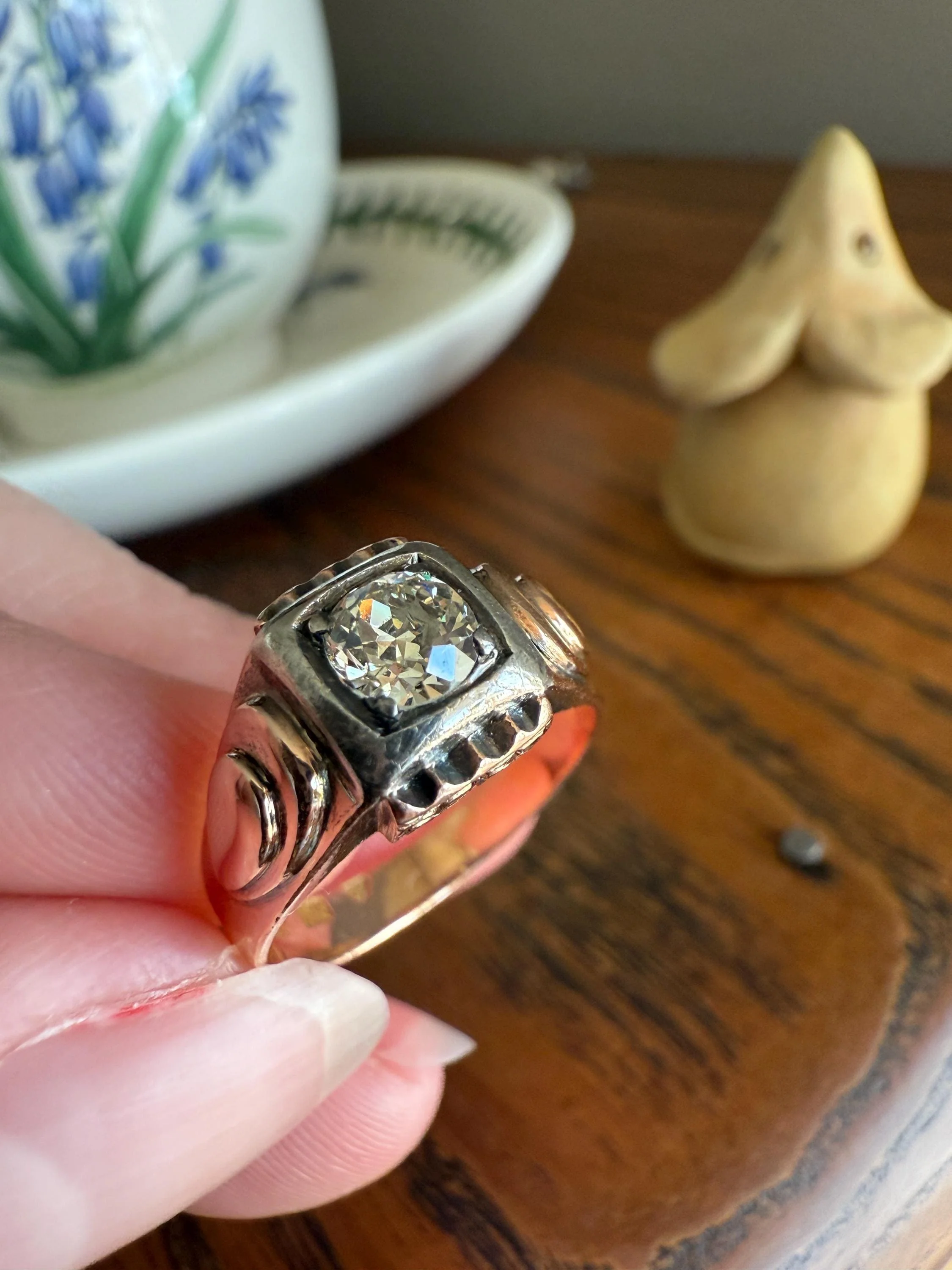 Floral .5 Carat Old Mine Cut Diamond 18k Gold Rosy Antique Solitaire Ring Square Bezel Unique Chunky Engagement Wedding - Image 16