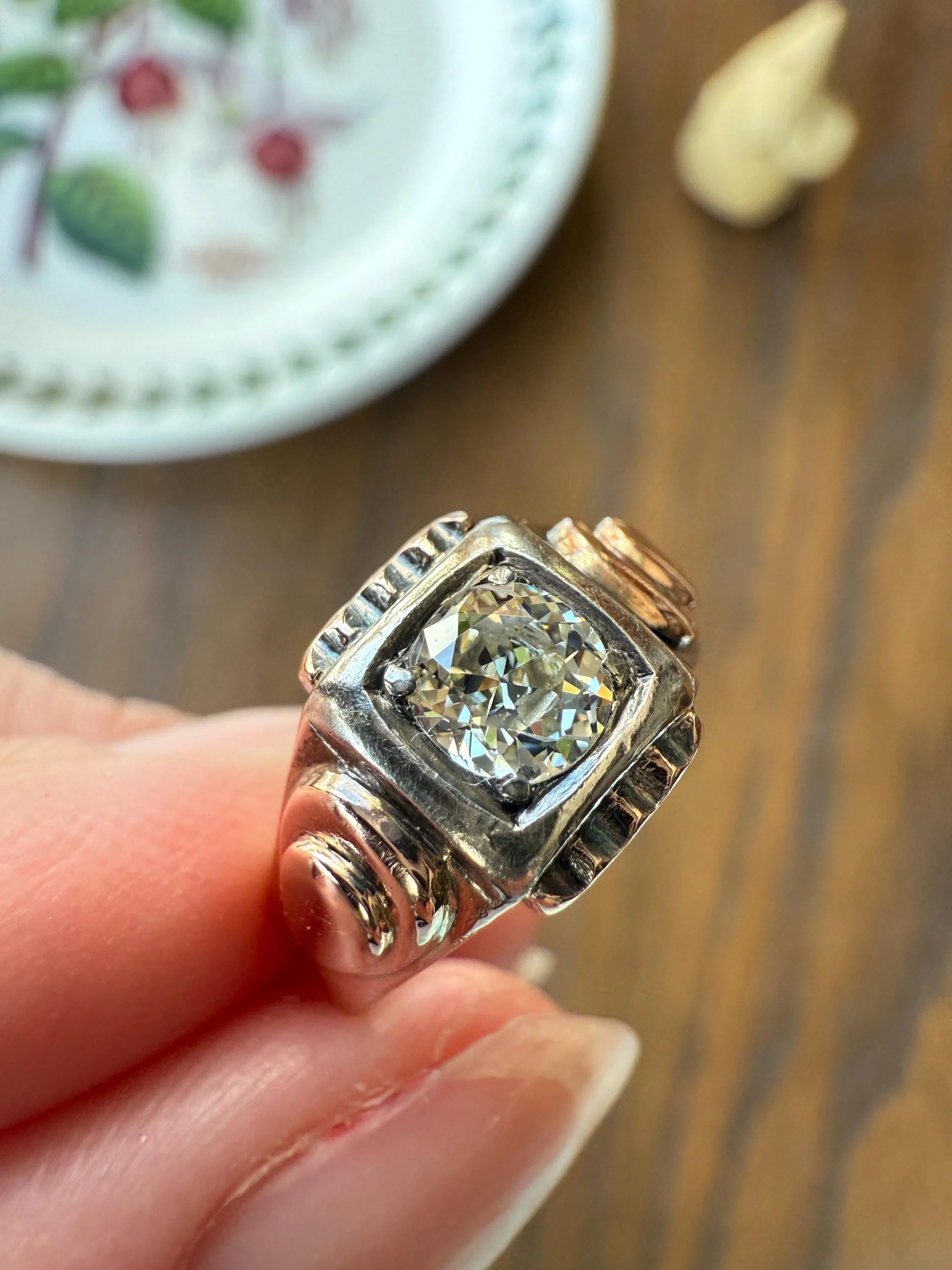 Floral .5 Carat Old Mine Cut Diamond 18k Gold Rosy Antique Solitaire Ring Square Bezel Unique Chunky Engagement Wedding - Image 3