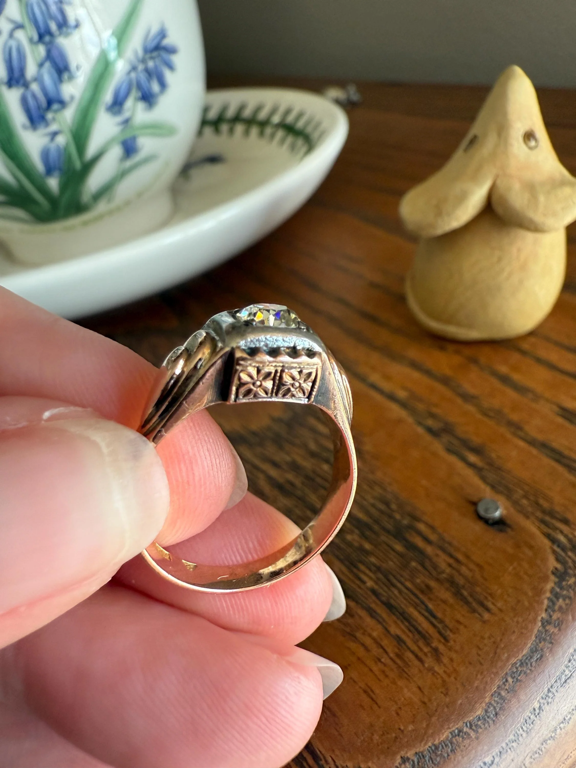 Floral .5 Carat Old Mine Cut Diamond 18k Gold Rosy Antique Solitaire Ring Square Bezel Unique Chunky Engagement Wedding - Image 4