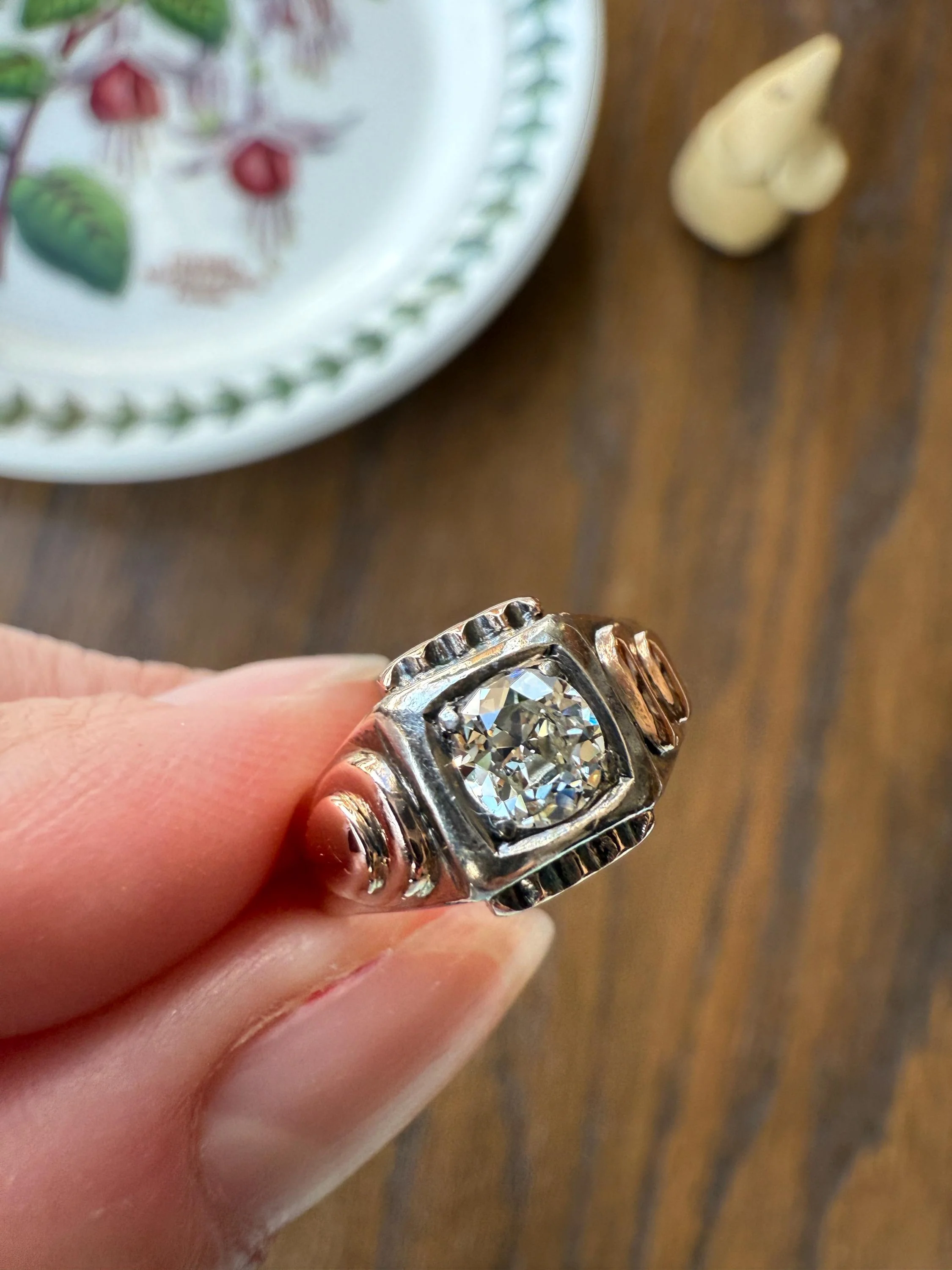 Floral .5 Carat Old Mine Cut Diamond 18k Gold Rosy Antique Solitaire Ring Square Bezel Unique Chunky Engagement Wedding - Image 5