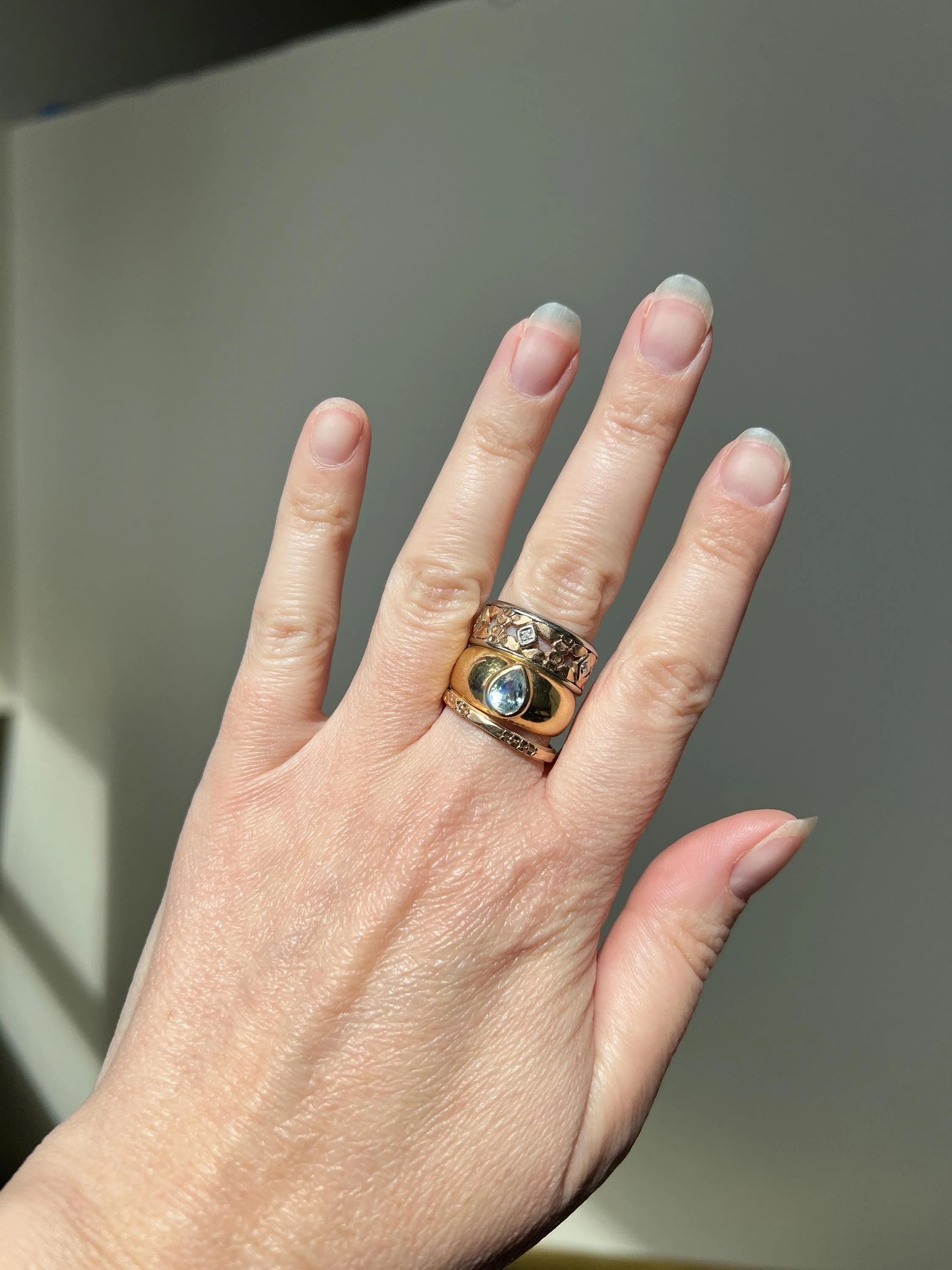 FLORAL Art Deco ANTIQUE Diamond Two Tone 14k Gold Rose White Ring Half Daisy Forget Me Not Eternity Wide Band Wedding - Image 3