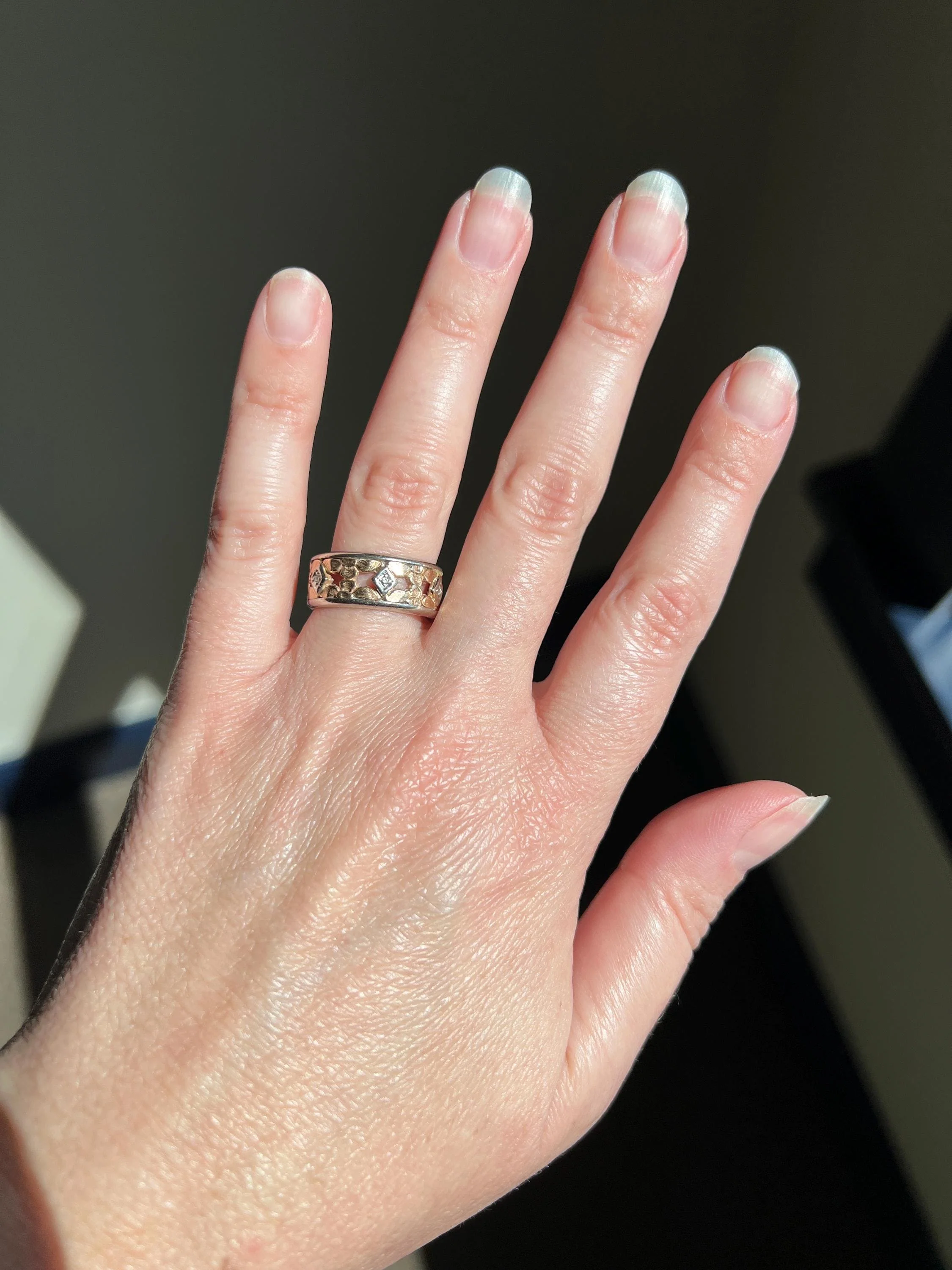 FLORAL Art Deco ANTIQUE Diamond Two Tone 14k Gold Rose White Ring Half Daisy Forget Me Not Eternity Wide Band Wedding - Image 4