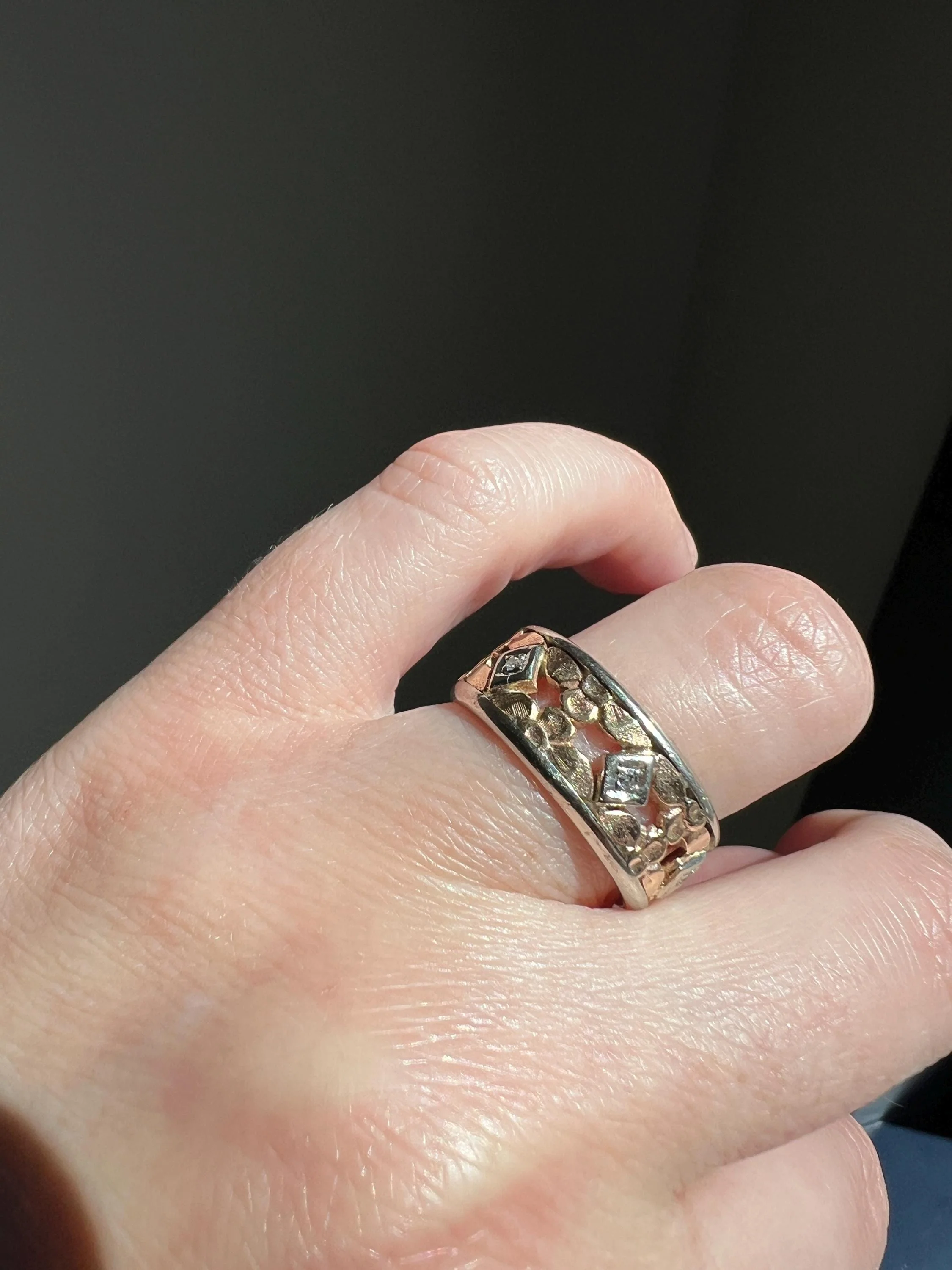 FLORAL Art Deco ANTIQUE Diamond Two Tone 14k Gold Rose White Ring Half Daisy Forget Me Not Eternity Wide Band Wedding - Image 5