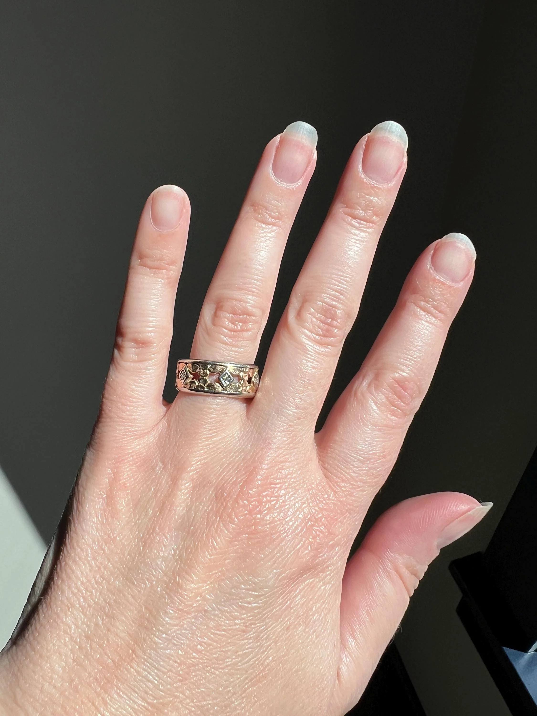 FLORAL Art Deco ANTIQUE Diamond Two Tone 14k Gold Rose White Ring Half Daisy Forget Me Not Eternity Wide Band Wedding - Image 6