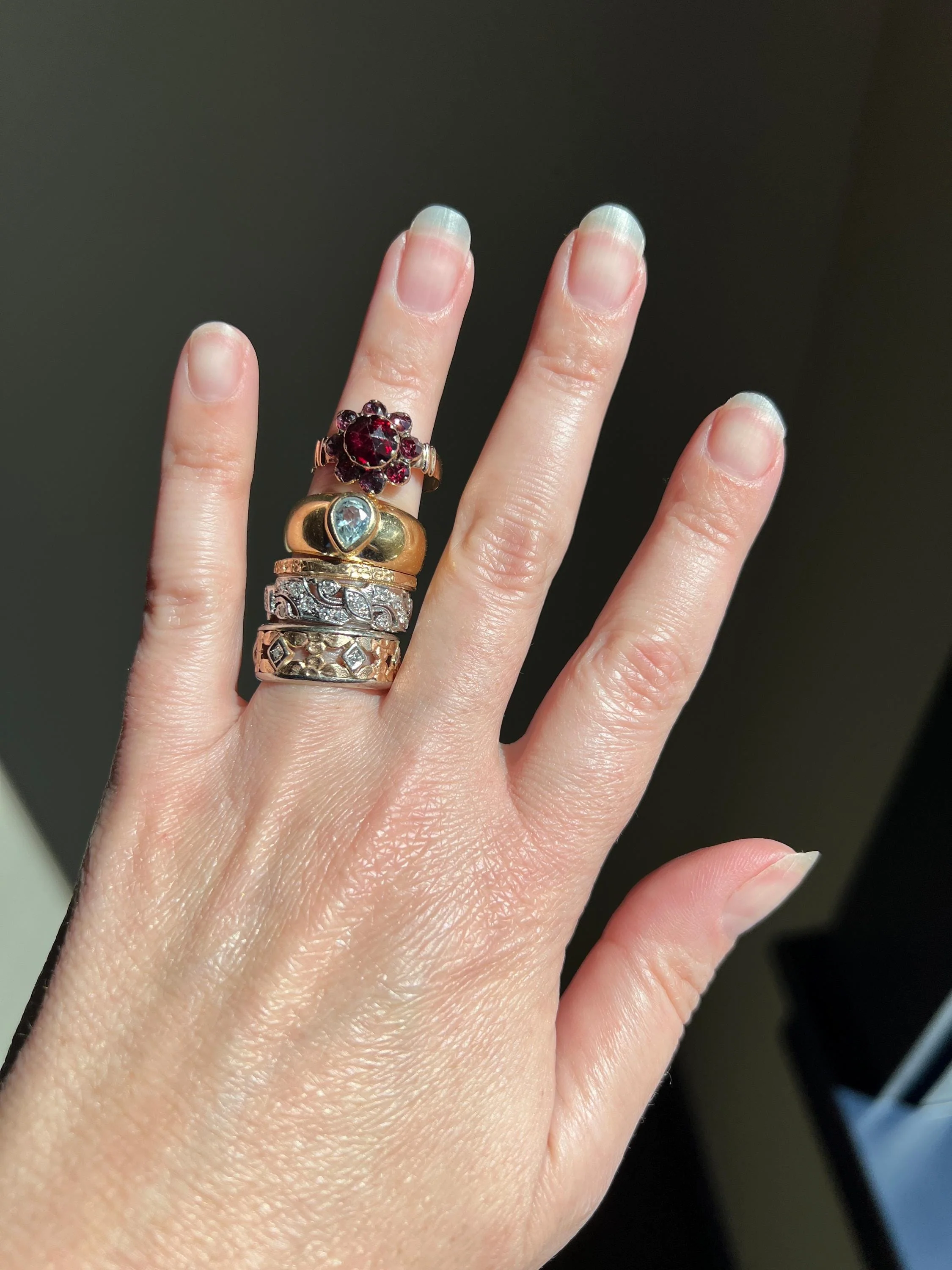FLORAL Art Deco ANTIQUE Diamond Two Tone 14k Gold Rose White Ring Half Daisy Forget Me Not Eternity Wide Band Wedding - Image 7