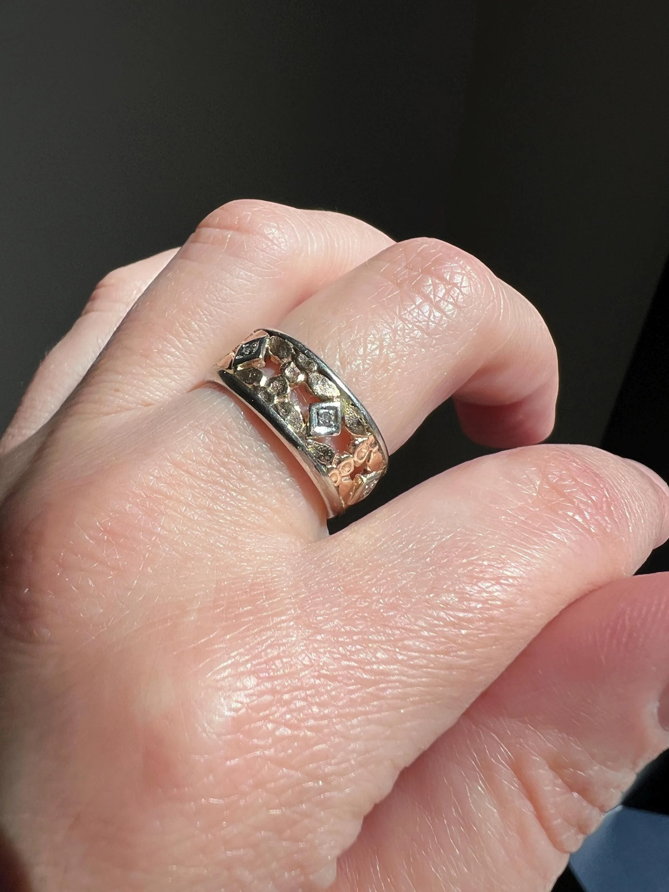 FLORAL Art Deco ANTIQUE Diamond Two Tone 14k Gold Rose White Ring Half Daisy Forget Me Not Eternity Wide Band Wedding - Image 9